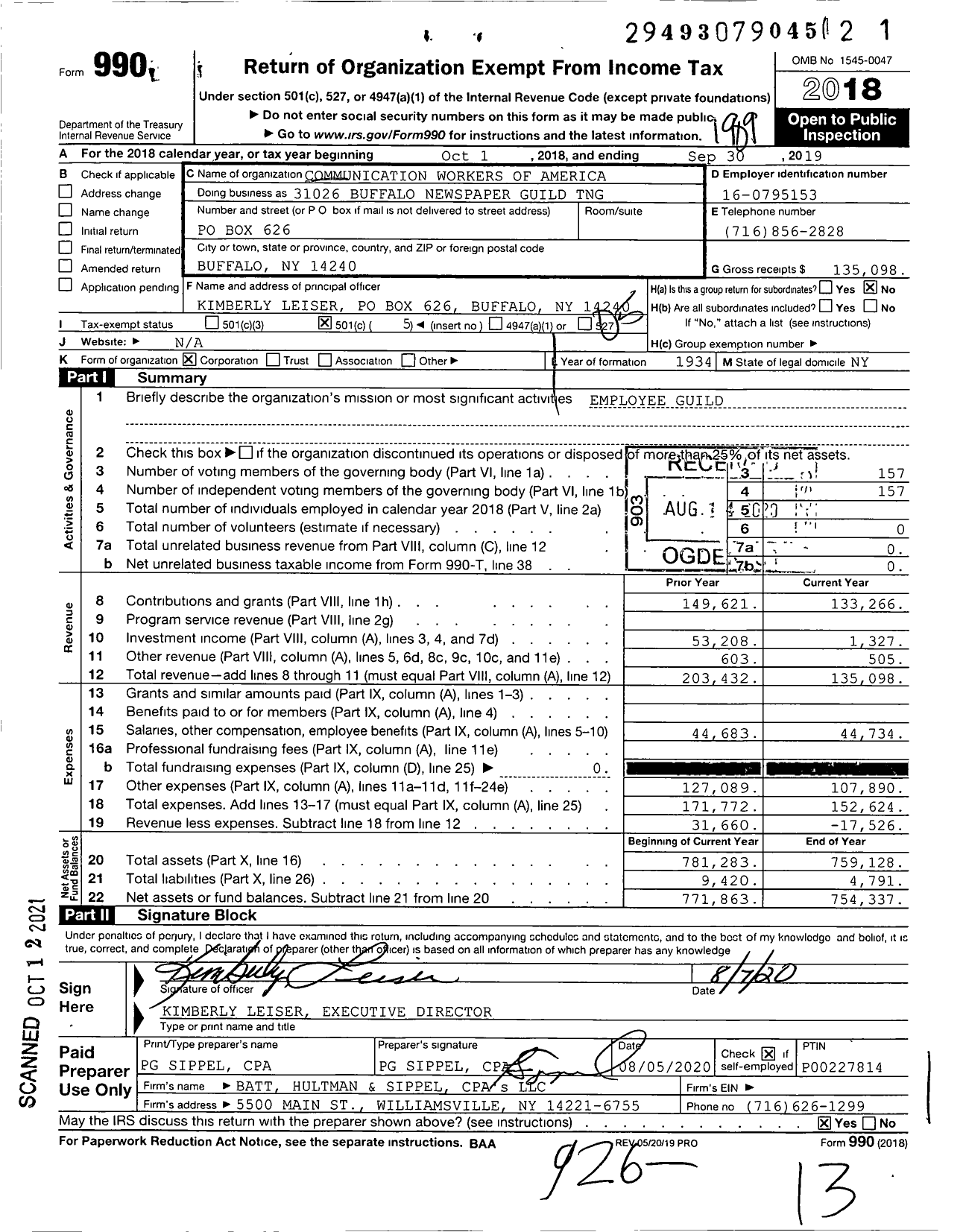 Image of first page of 2018 Form 990O for 31026 Buffalo Newspaper Guild TNG