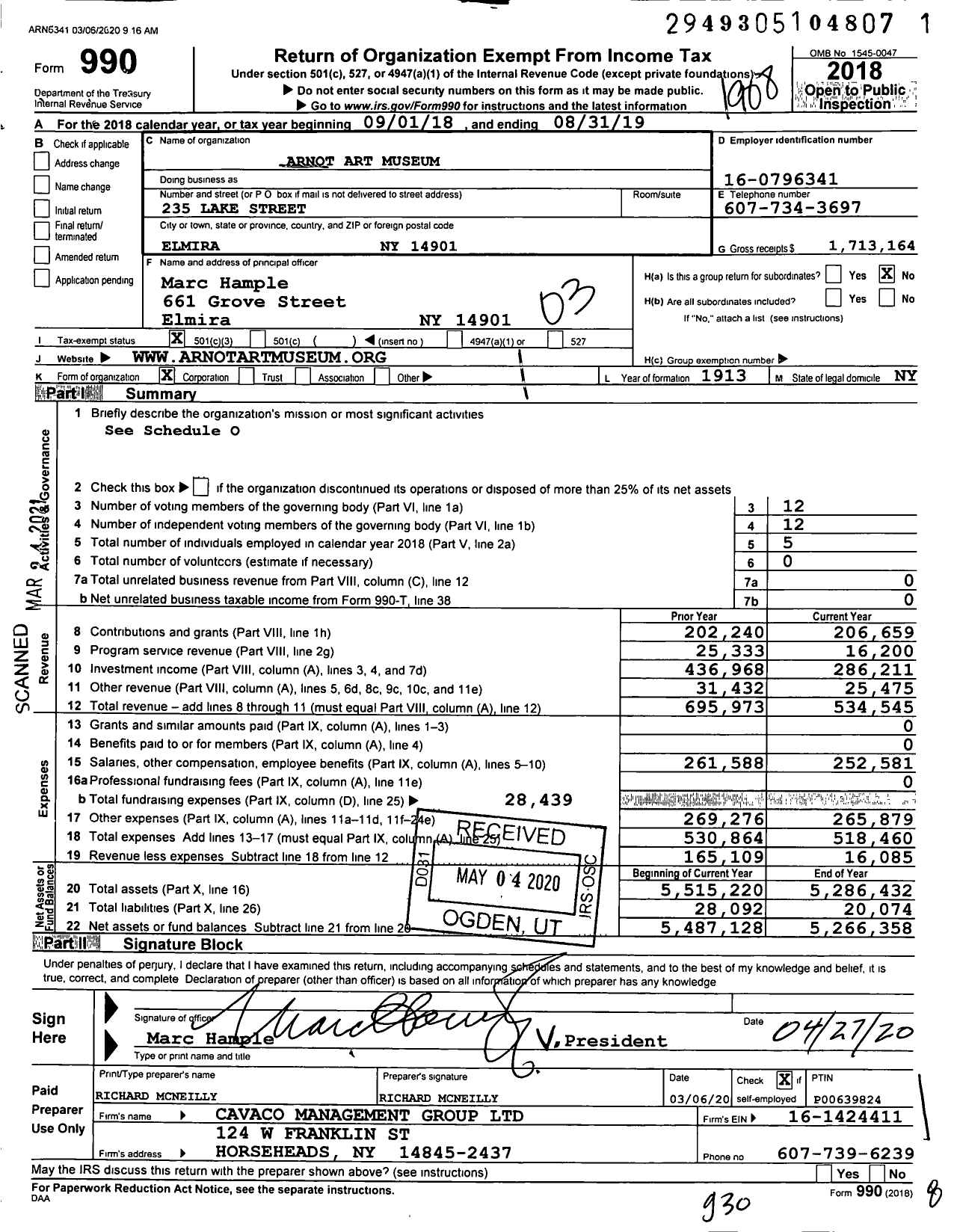 Image of first page of 2018 Form 990 for Arnot Art Museum