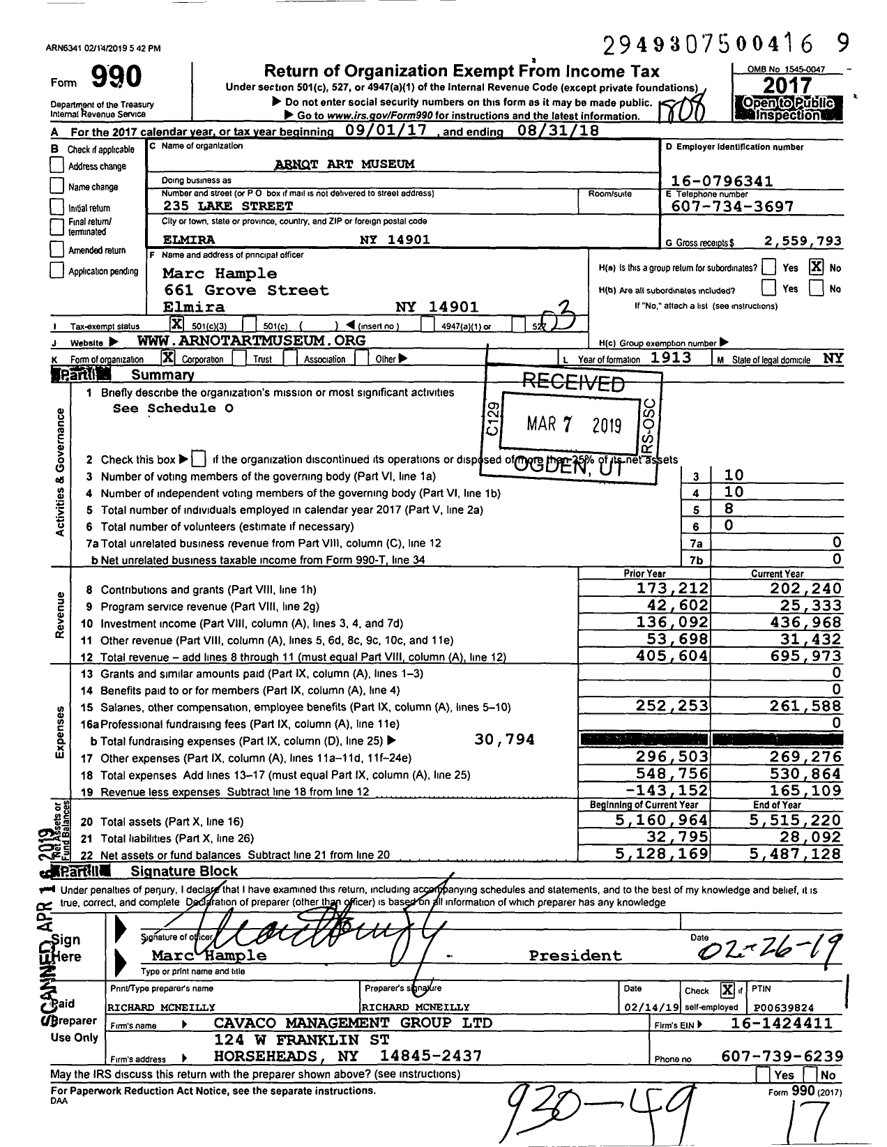 Image of first page of 2017 Form 990 for Arnot Art Museum