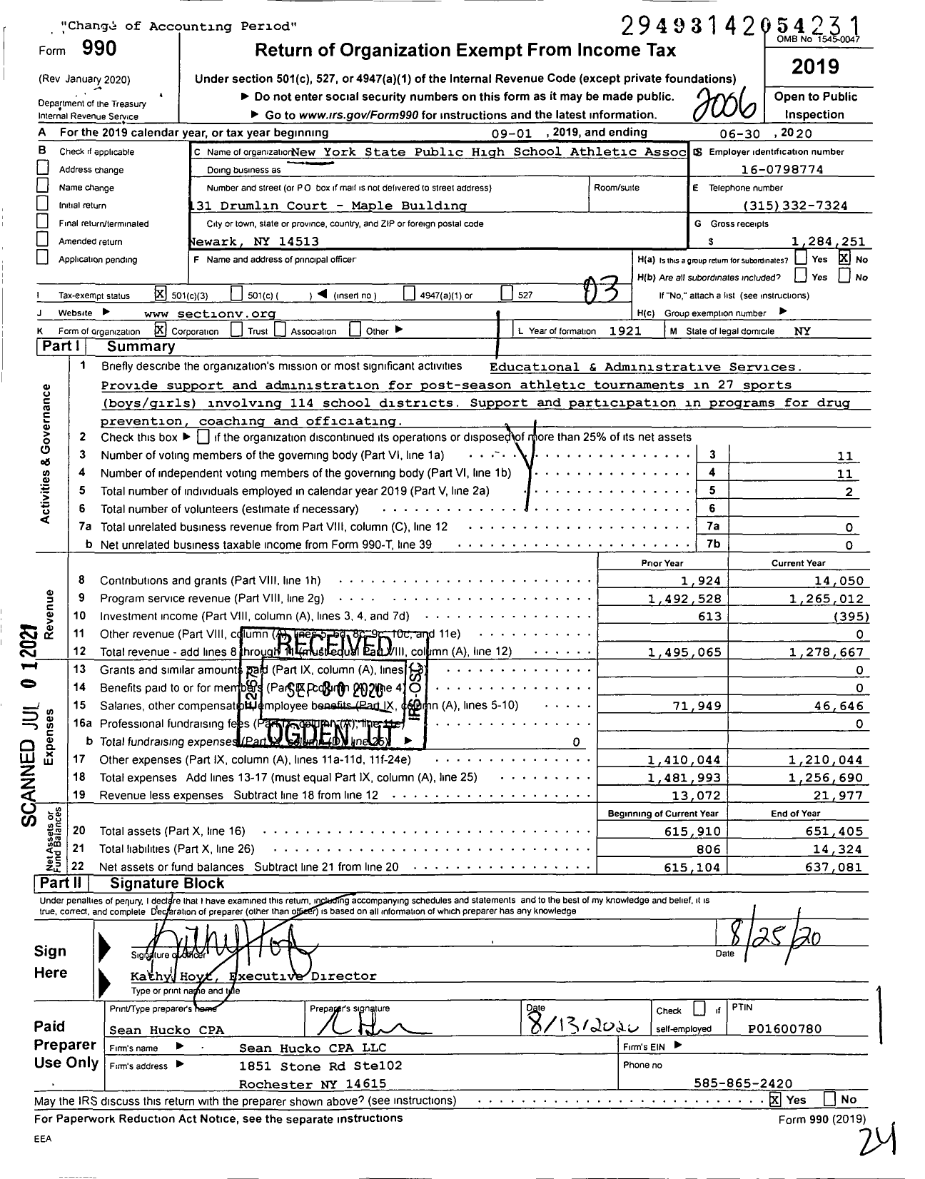 Image of first page of 2019 Form 990 for New York State Public High School Athletic Association Section V