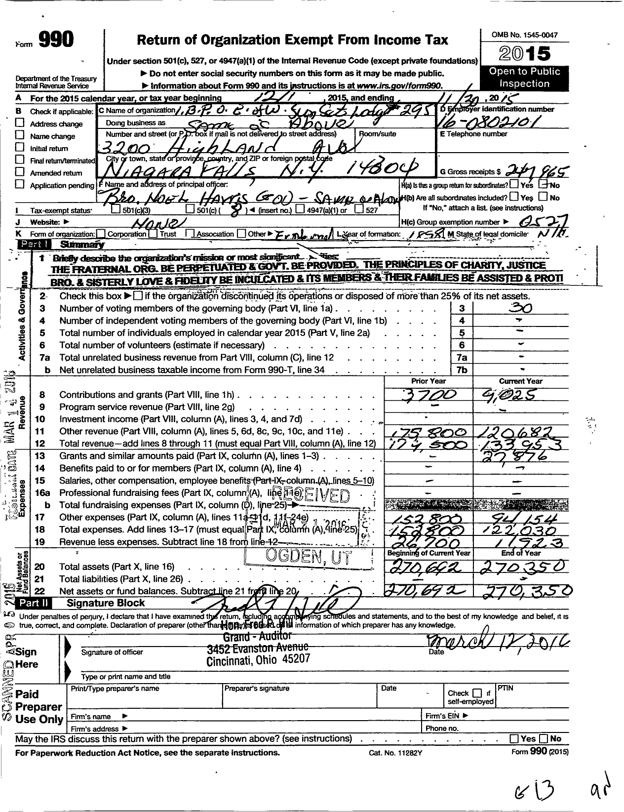 Image of first page of 2014 Form 990O for Improved Benevolent and Protective Order of Elks of the World - Sunset 295