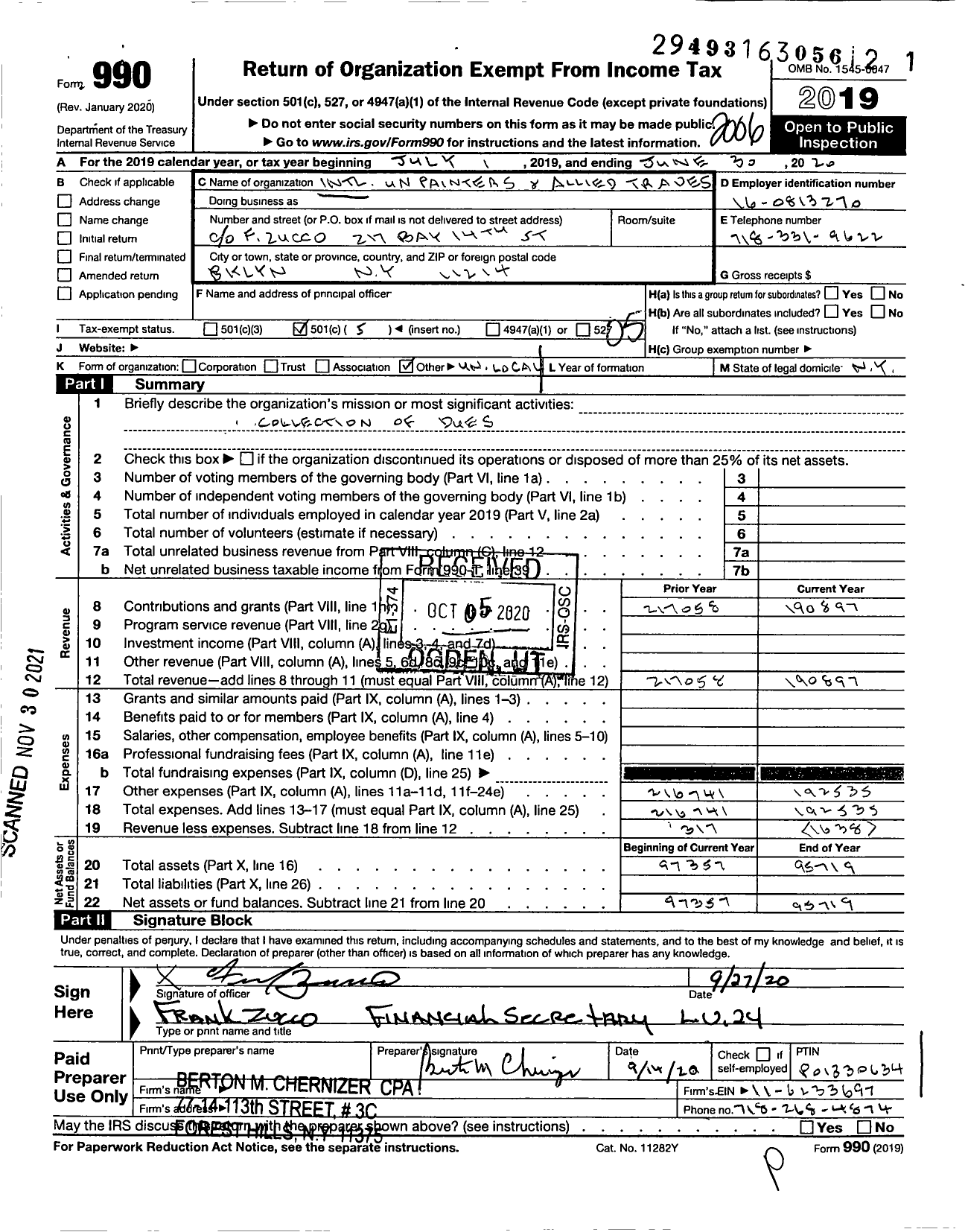 Image of first page of 2019 Form 990O for International Union of Painters and Allied Trades - Local 24