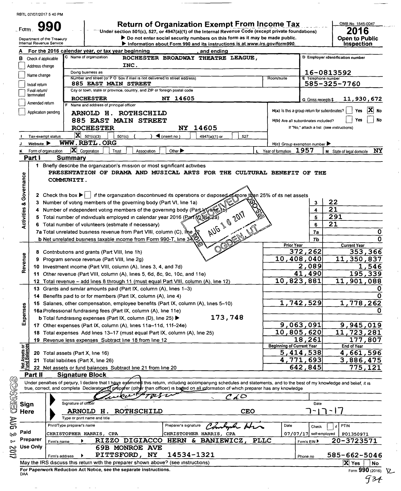Image of first page of 2016 Form 990 for Rochester Broadway Theatre League (RBTL)