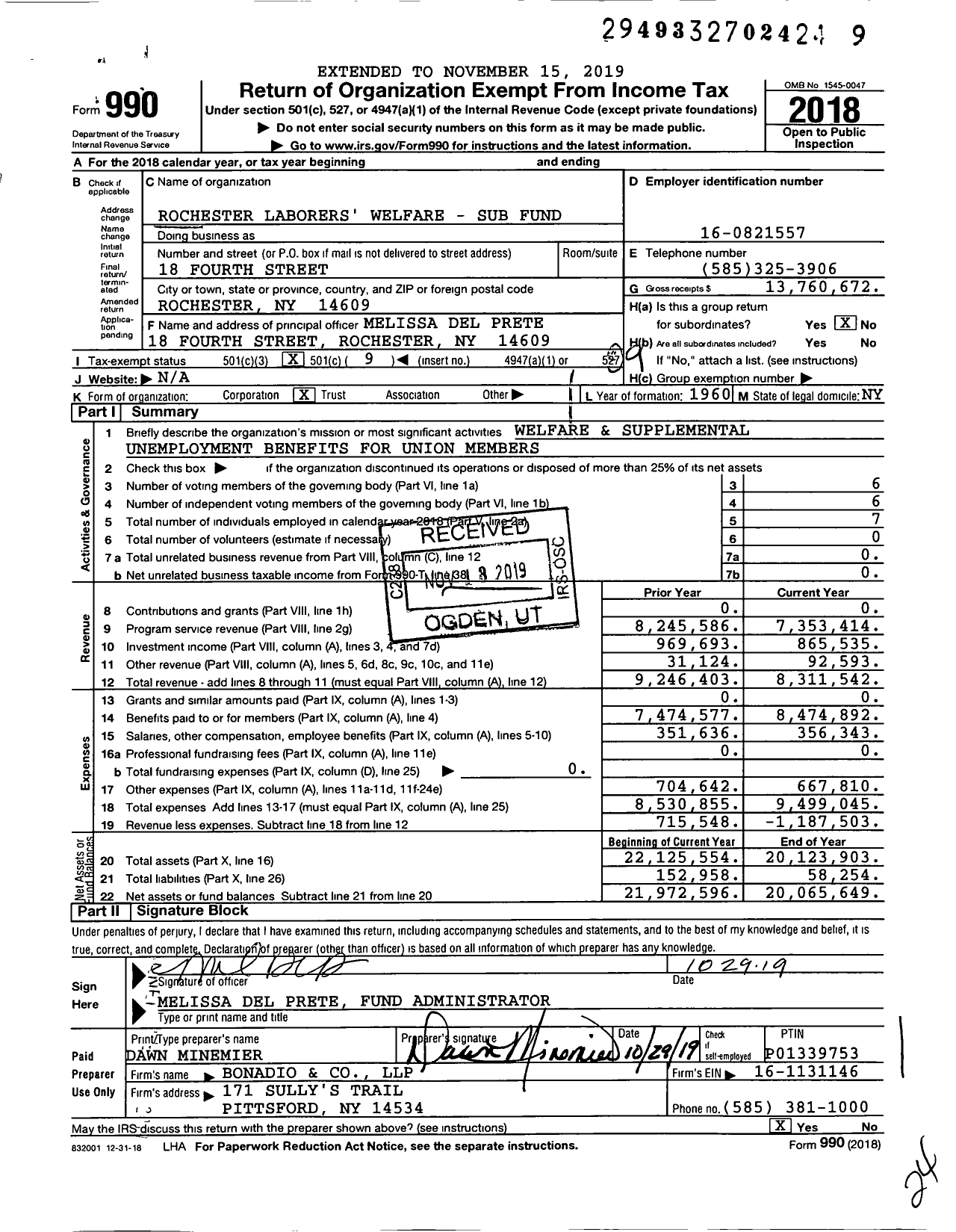 Image of first page of 2018 Form 990O for Rochester Laborers Welfare Fund