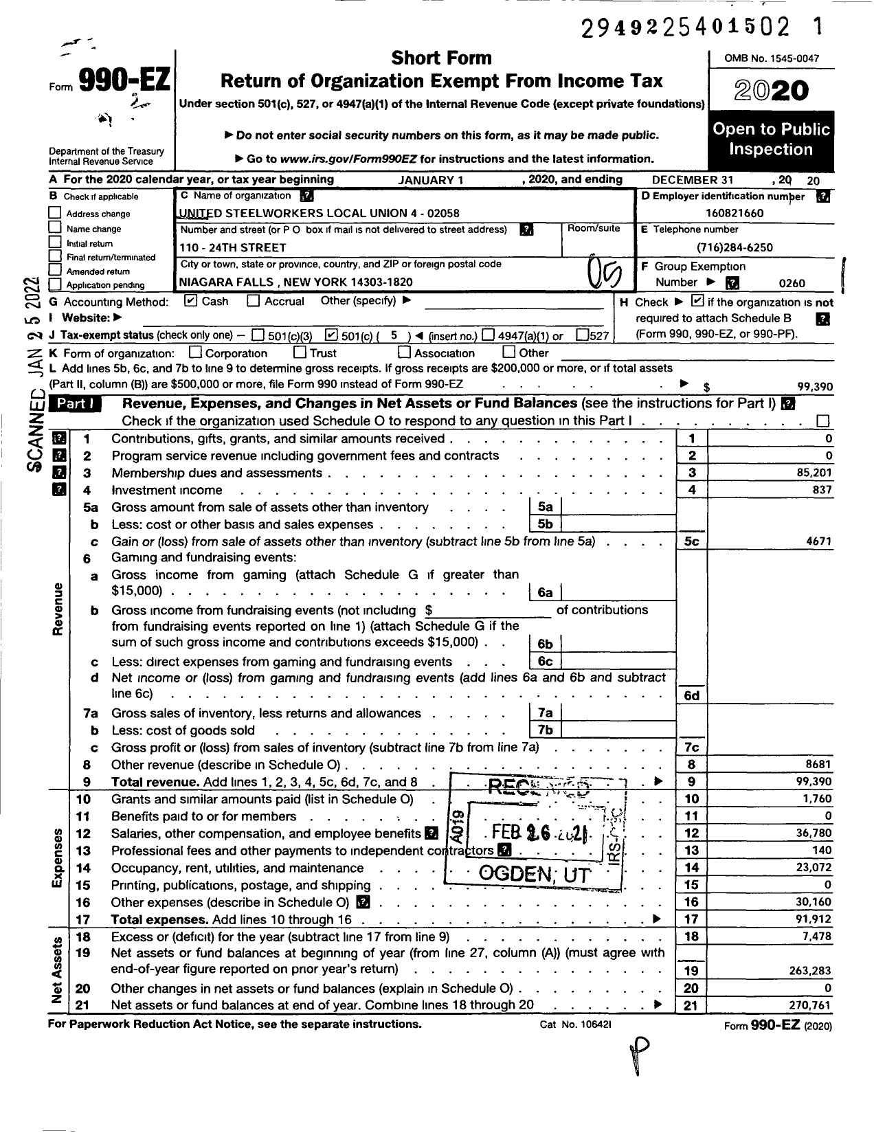 Image of first page of 2020 Form 990EO for UNITED Steelworkers - 4-02058 LOCAL