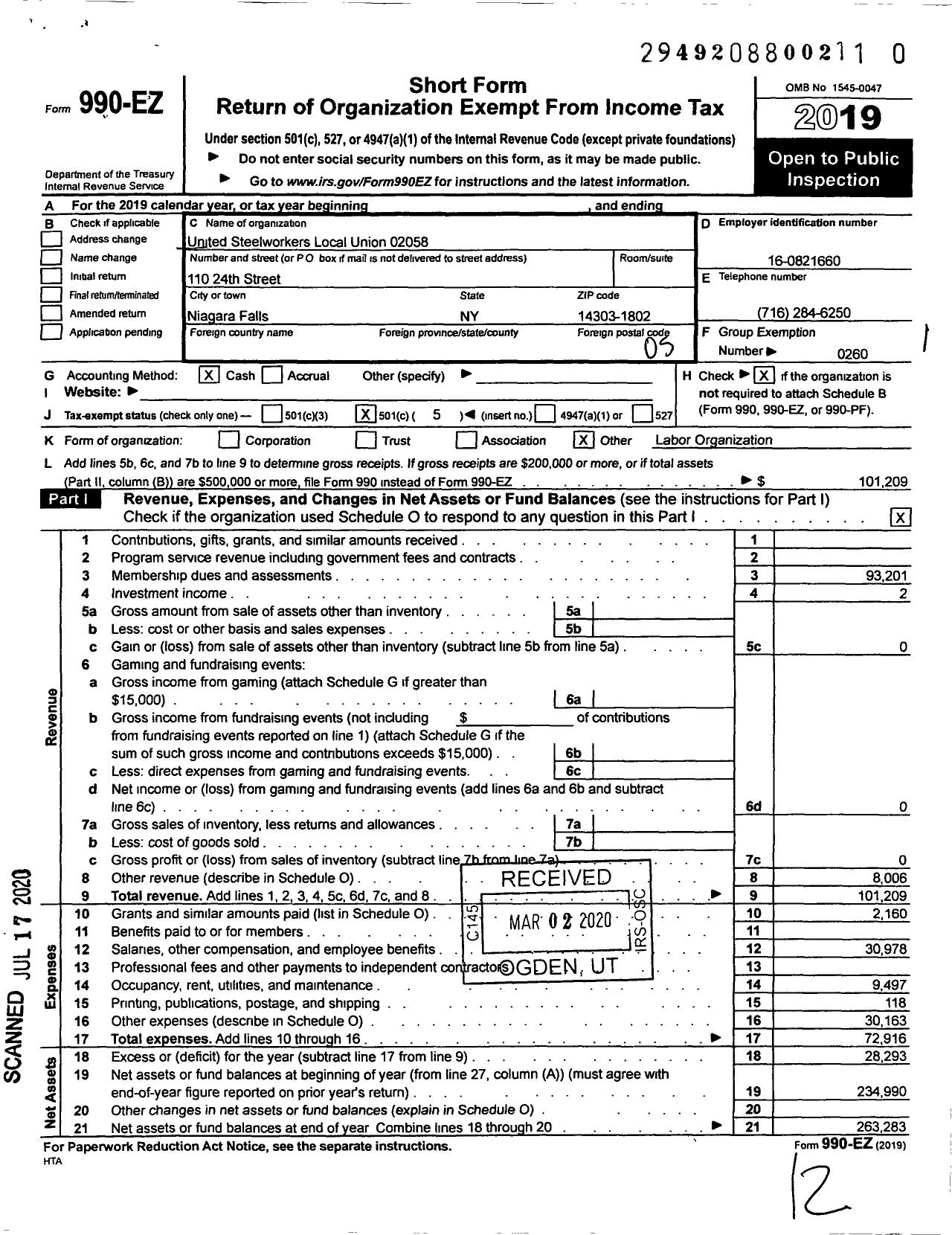 Image of first page of 2019 Form 990EO for UNITED Steelworkers - 4-02058 LOCAL