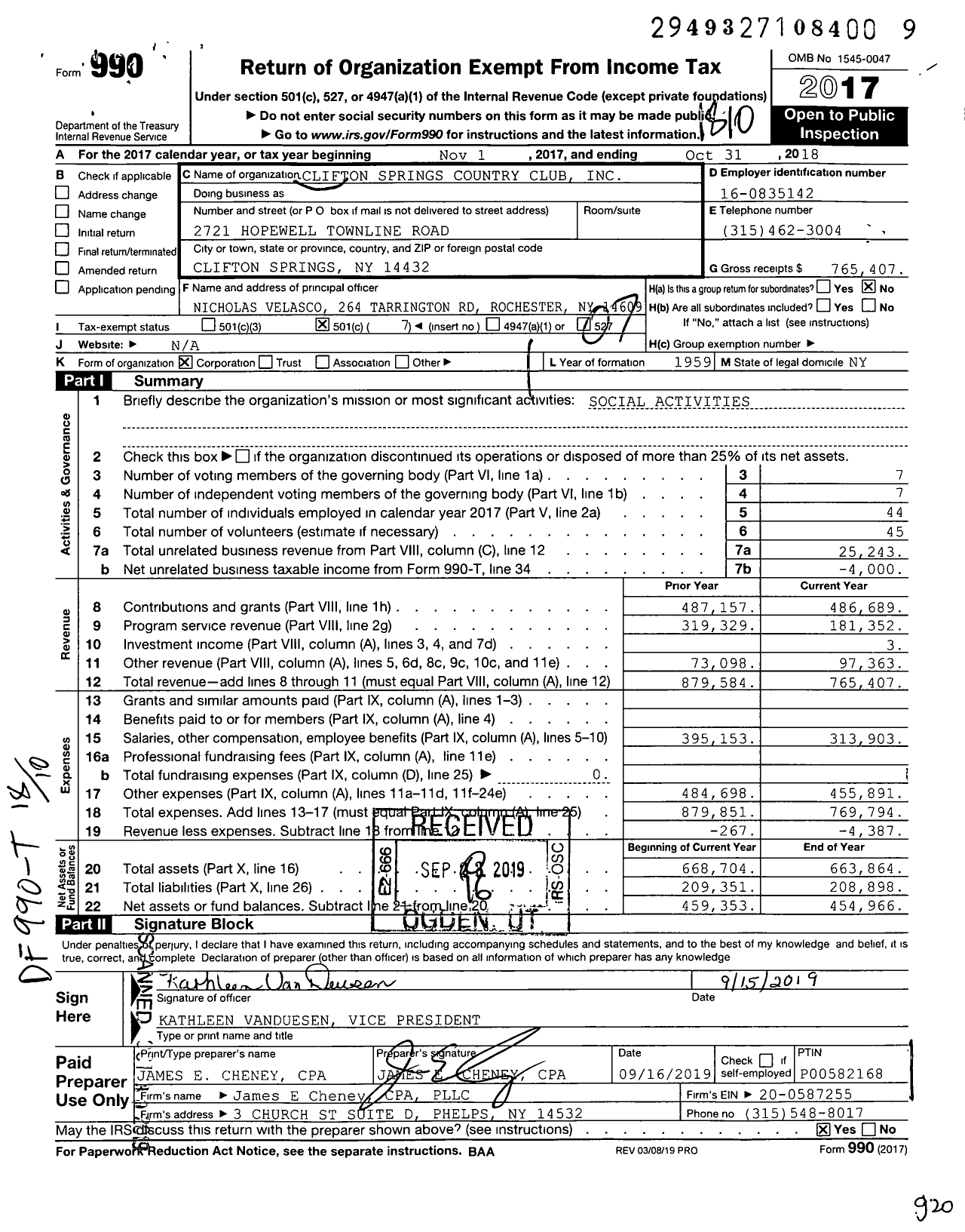 Image of first page of 2017 Form 990O for Clifton Springs Country Club