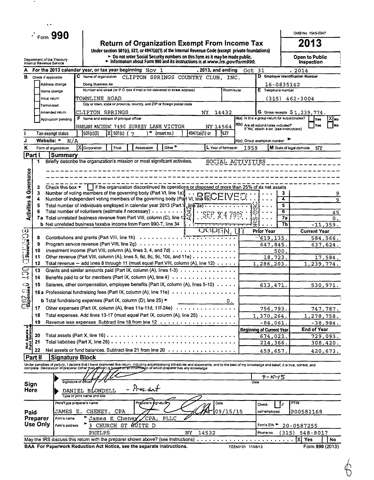 Image of first page of 2013 Form 990O for Clifton Springs Country Club