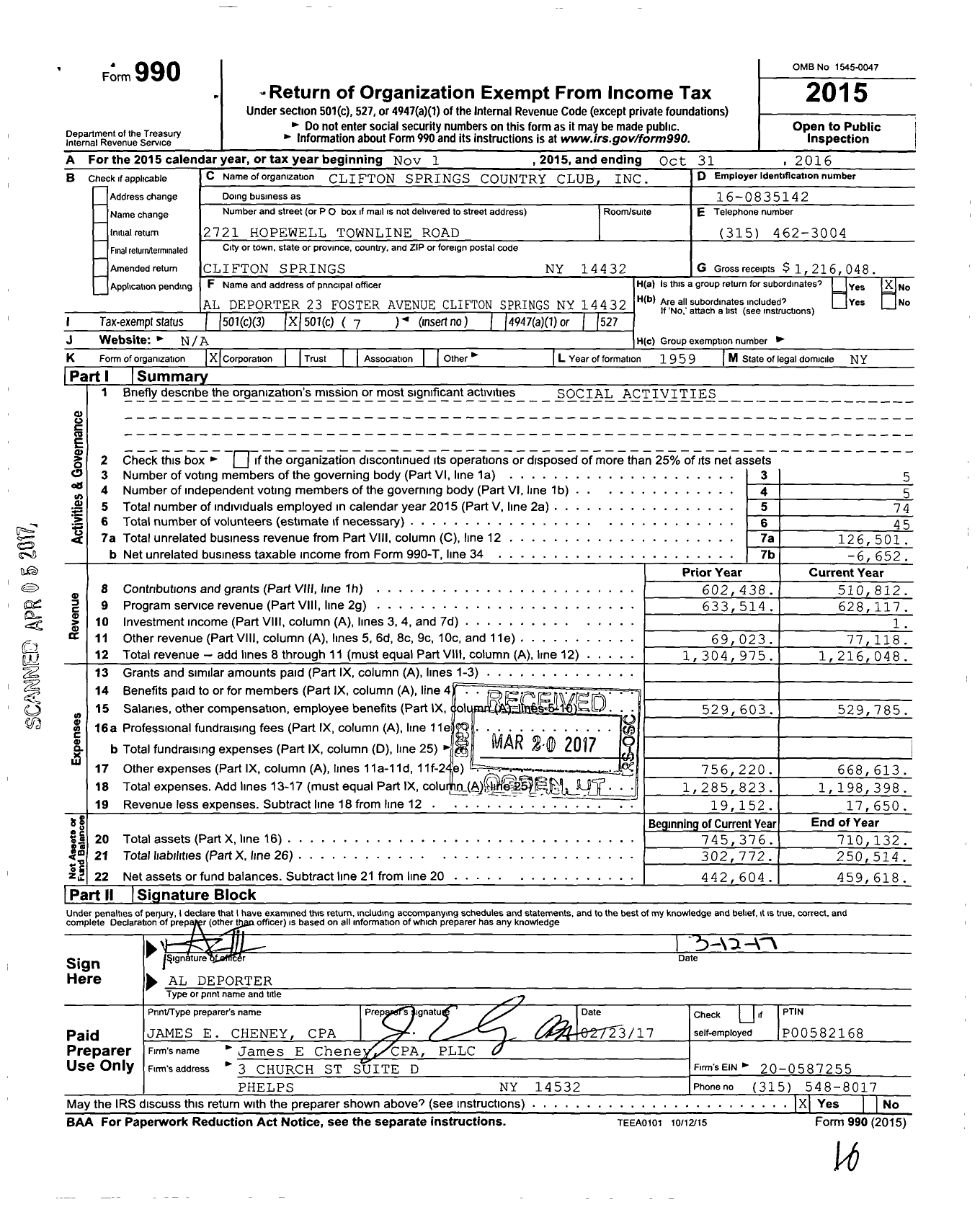 Image of first page of 2015 Form 990O for Clifton Springs Country Club