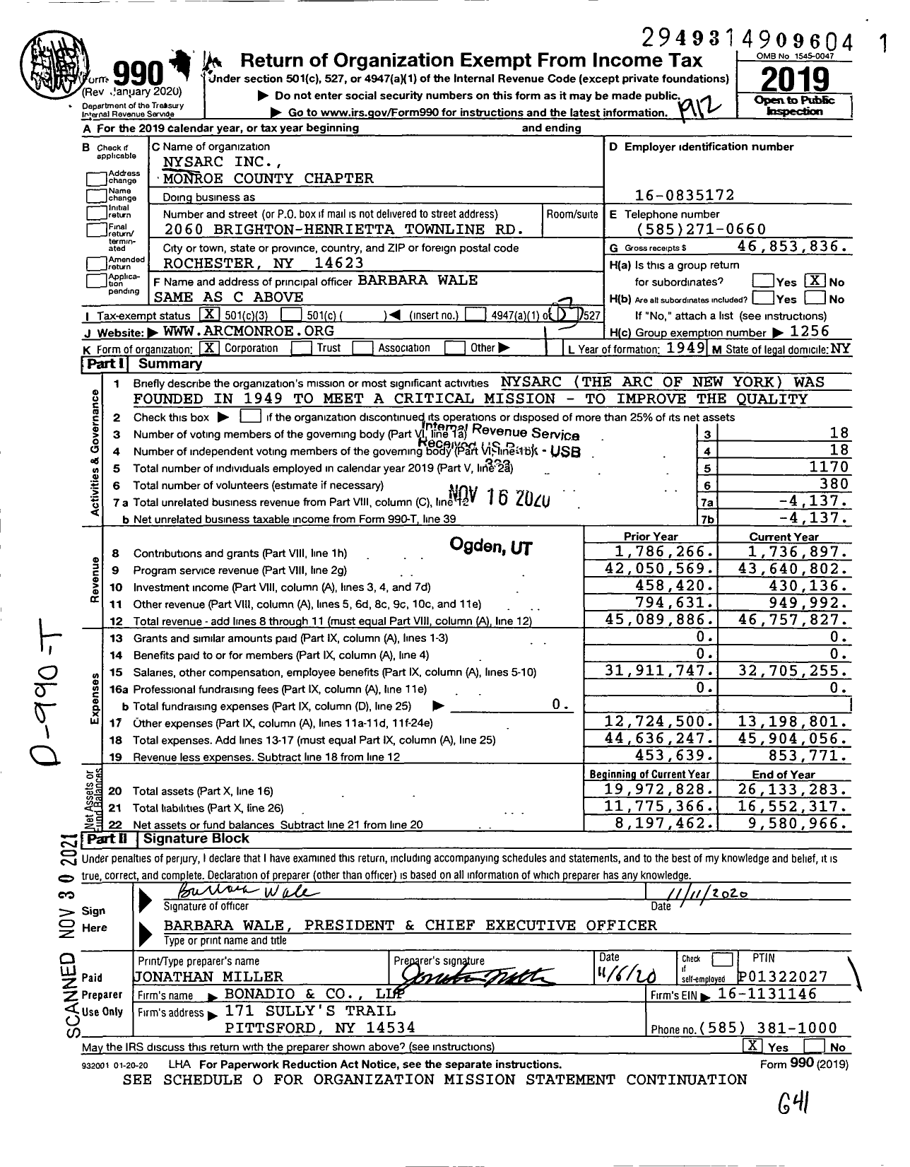 Image of first page of 2019 Form 990 for Nysarc Monroe County Chapter