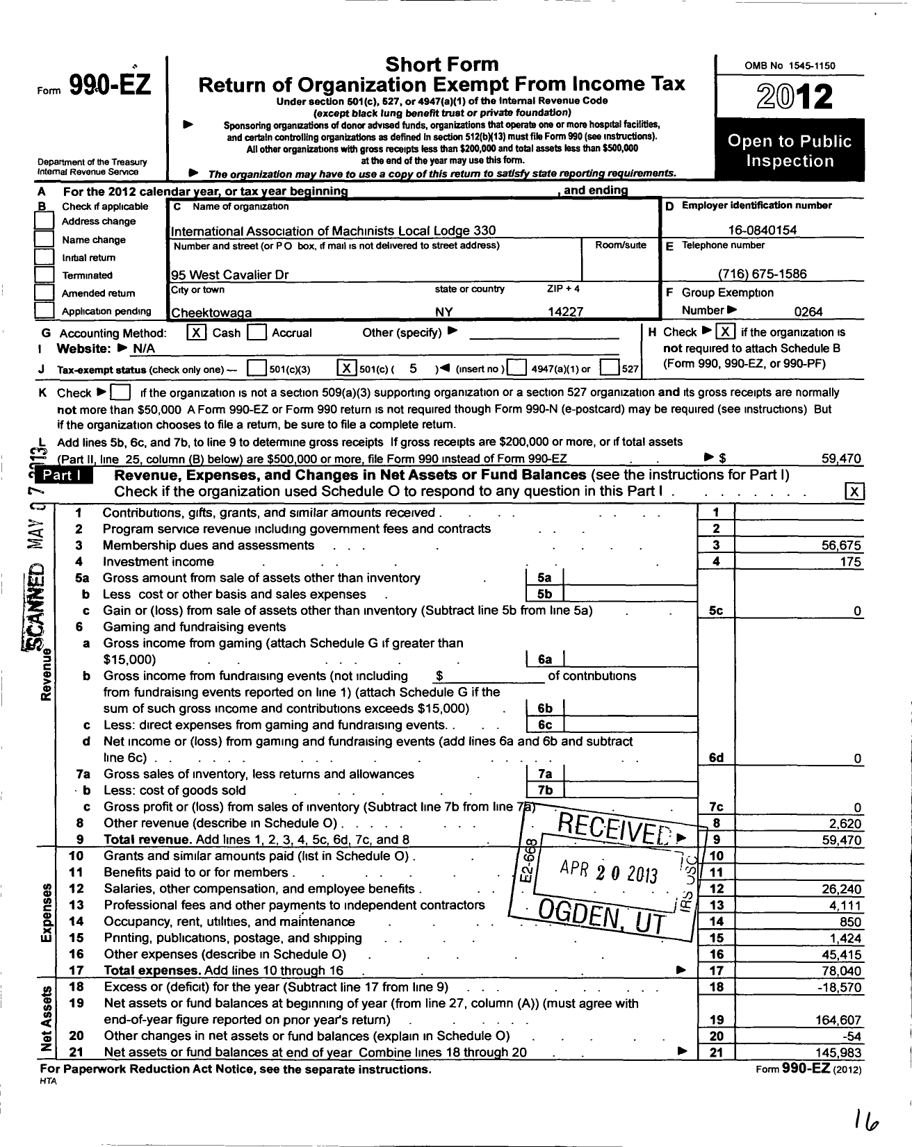 Image of first page of 2012 Form 990EO for International Association of Machinists and Aerospace Workers - 330