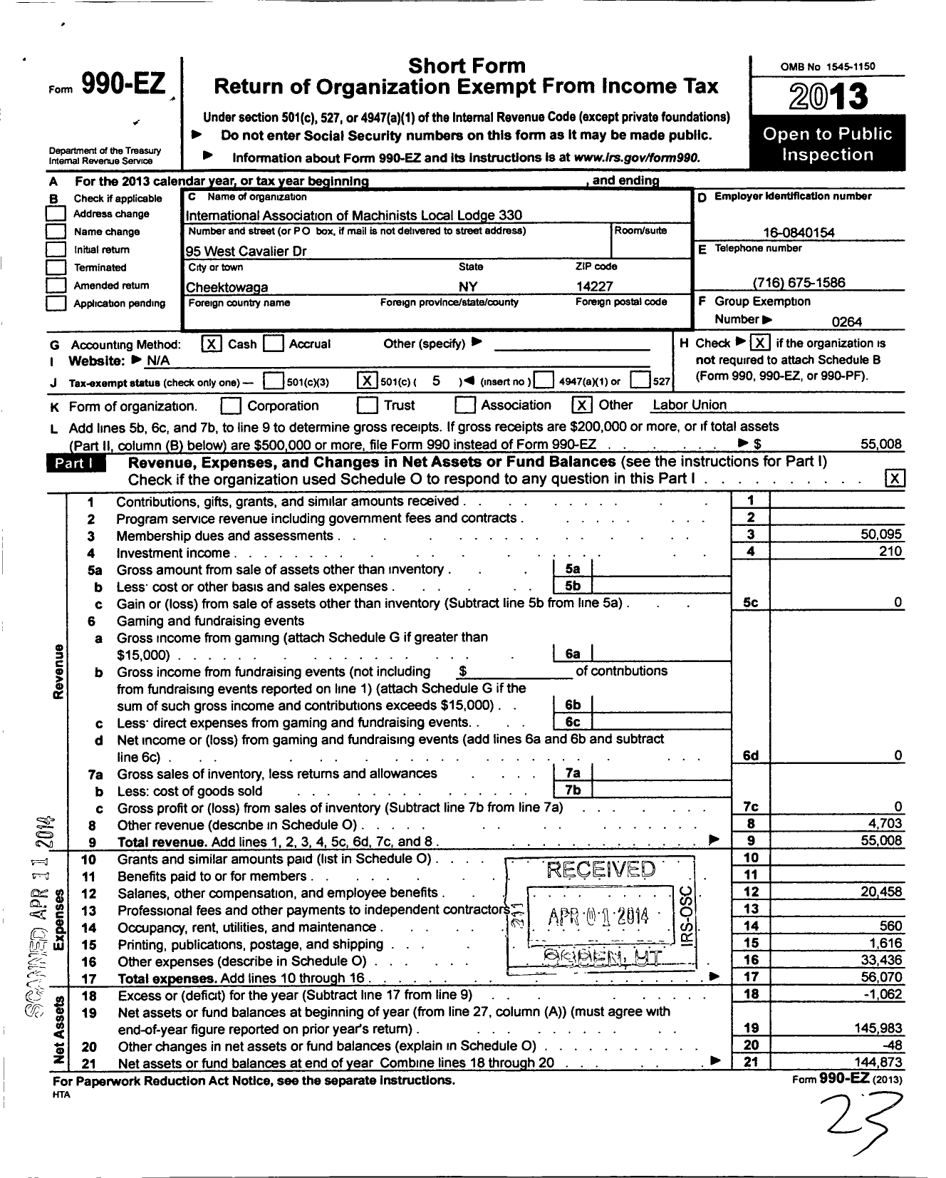 Image of first page of 2013 Form 990EO for International Association of Machinists and Aerospace Workers - 330