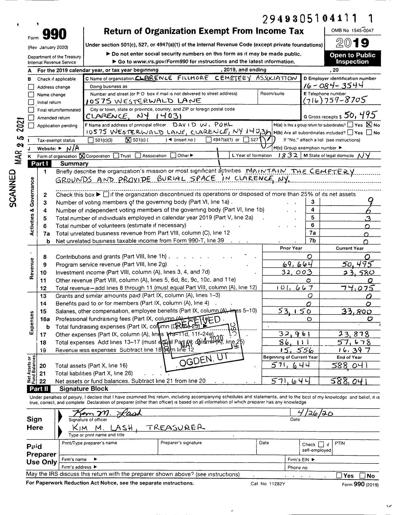 Image of first page of 2019 Form 990 for Clarence Fillmore Cemetery Association
