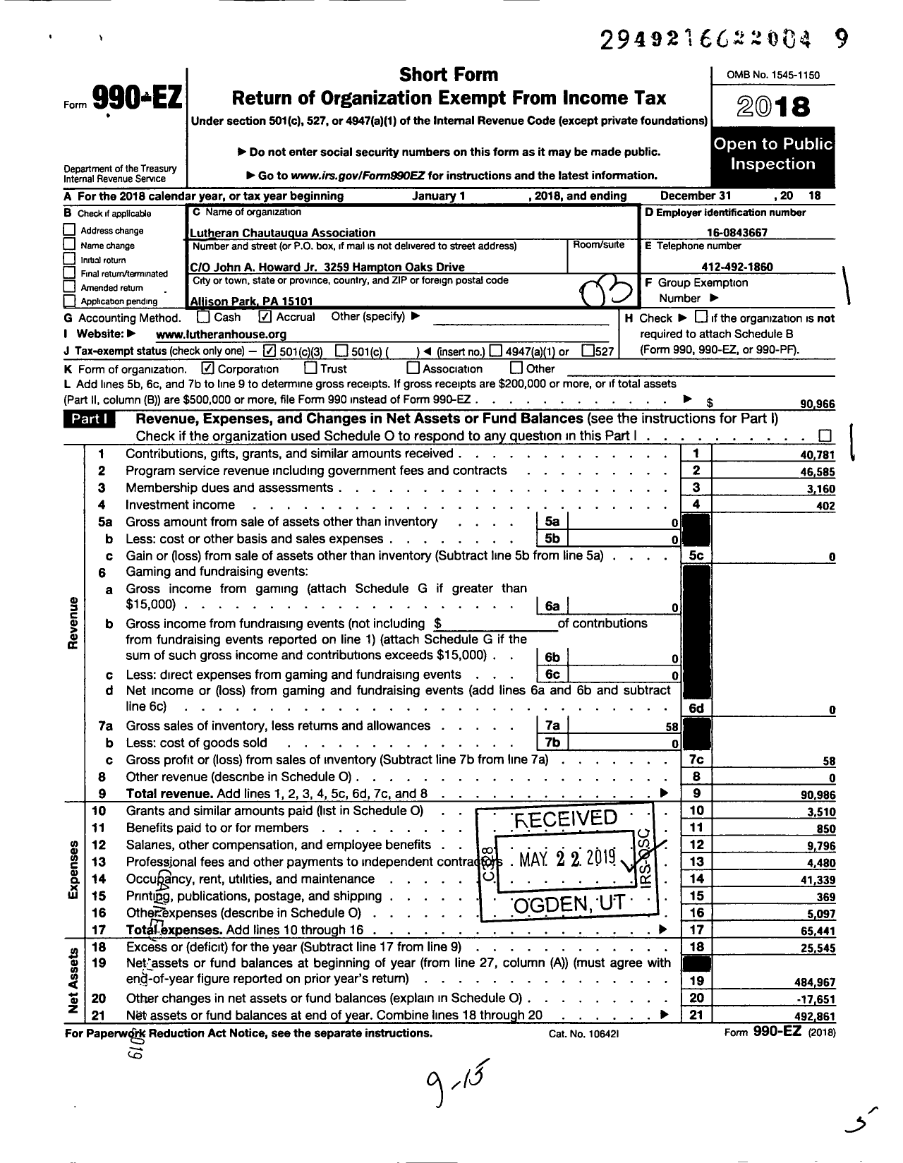 Image of first page of 2018 Form 990EZ for Lutheran Chautauqua Association