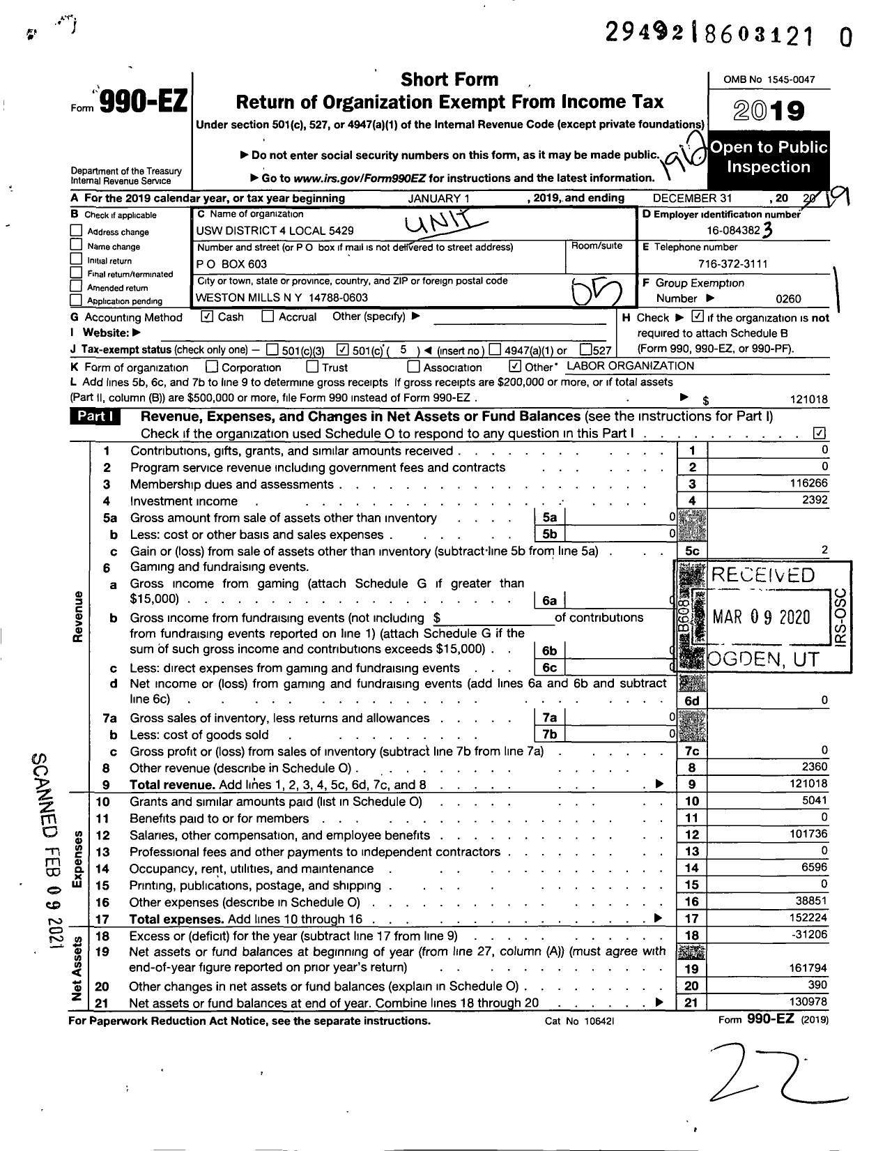 Image of first page of 2019 Form 990EO for United Steelworkers - 05429 Local