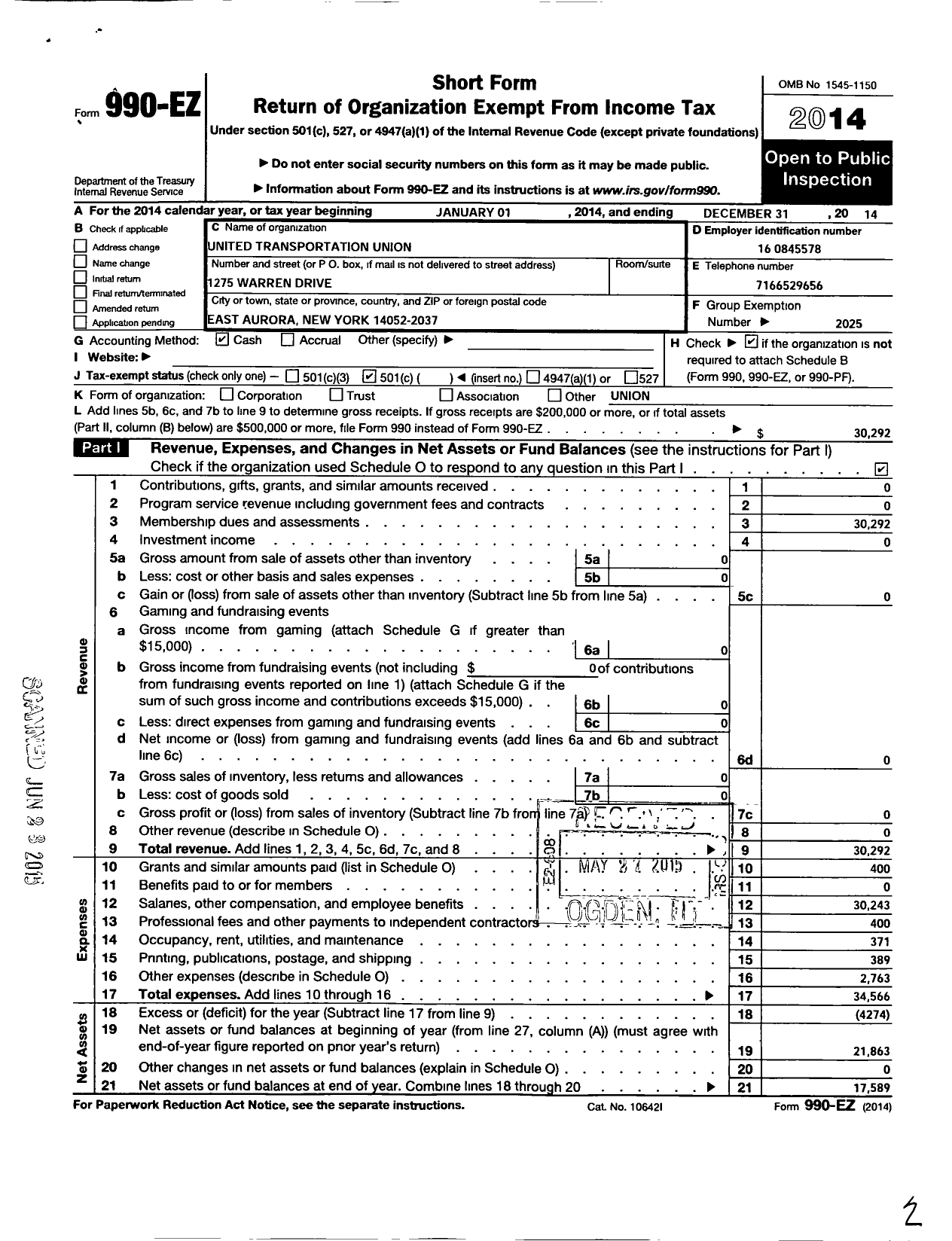 Image of first page of 2014 Form 990EO for Smart Union - 1 TD