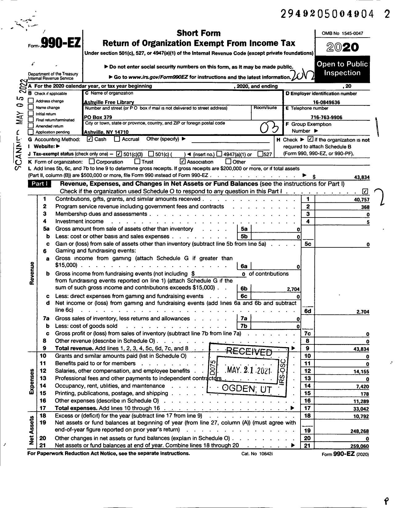 Image of first page of 2020 Form 990EZ for Ashville Free Library