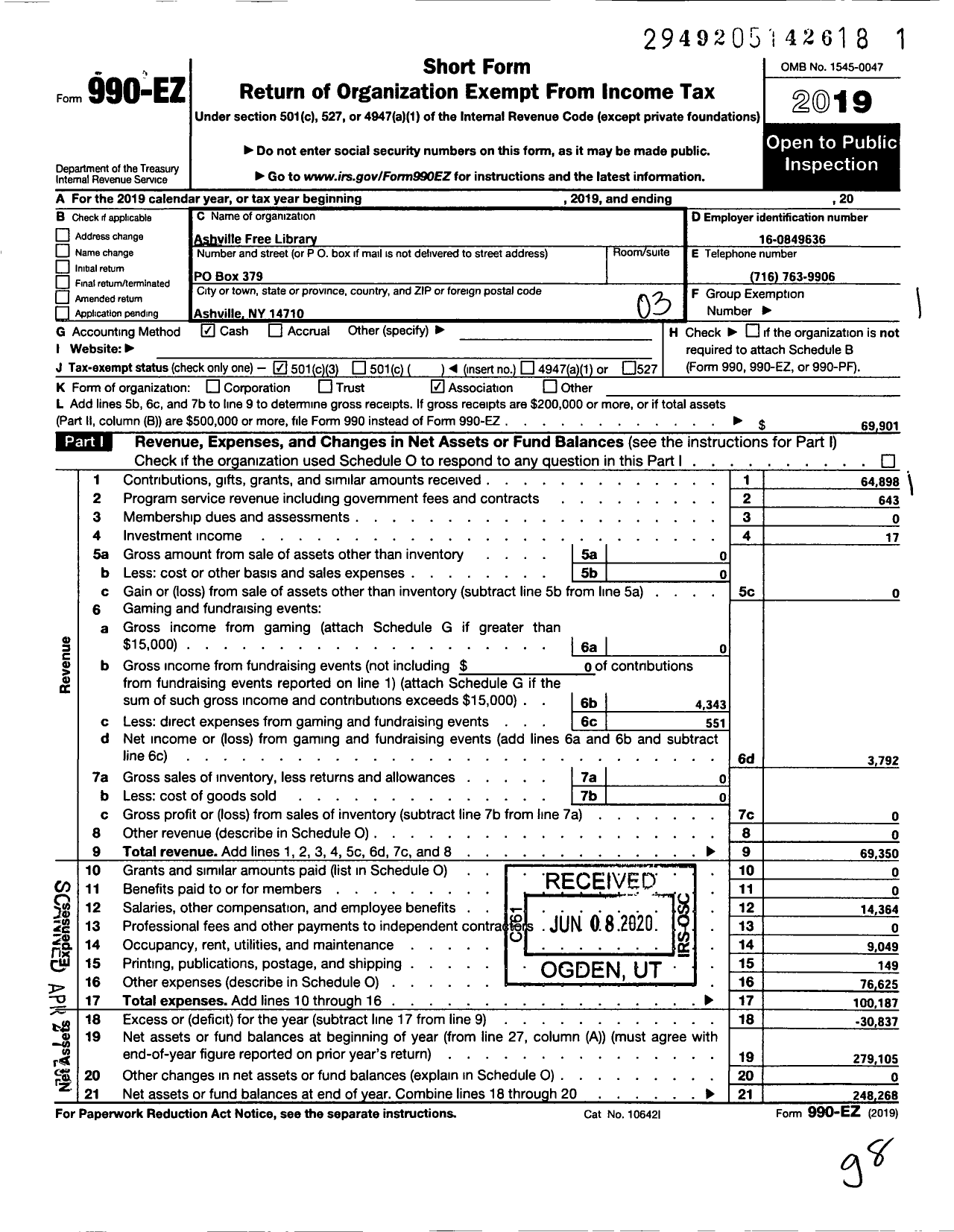 Image of first page of 2019 Form 990EZ for Ashville Free Library