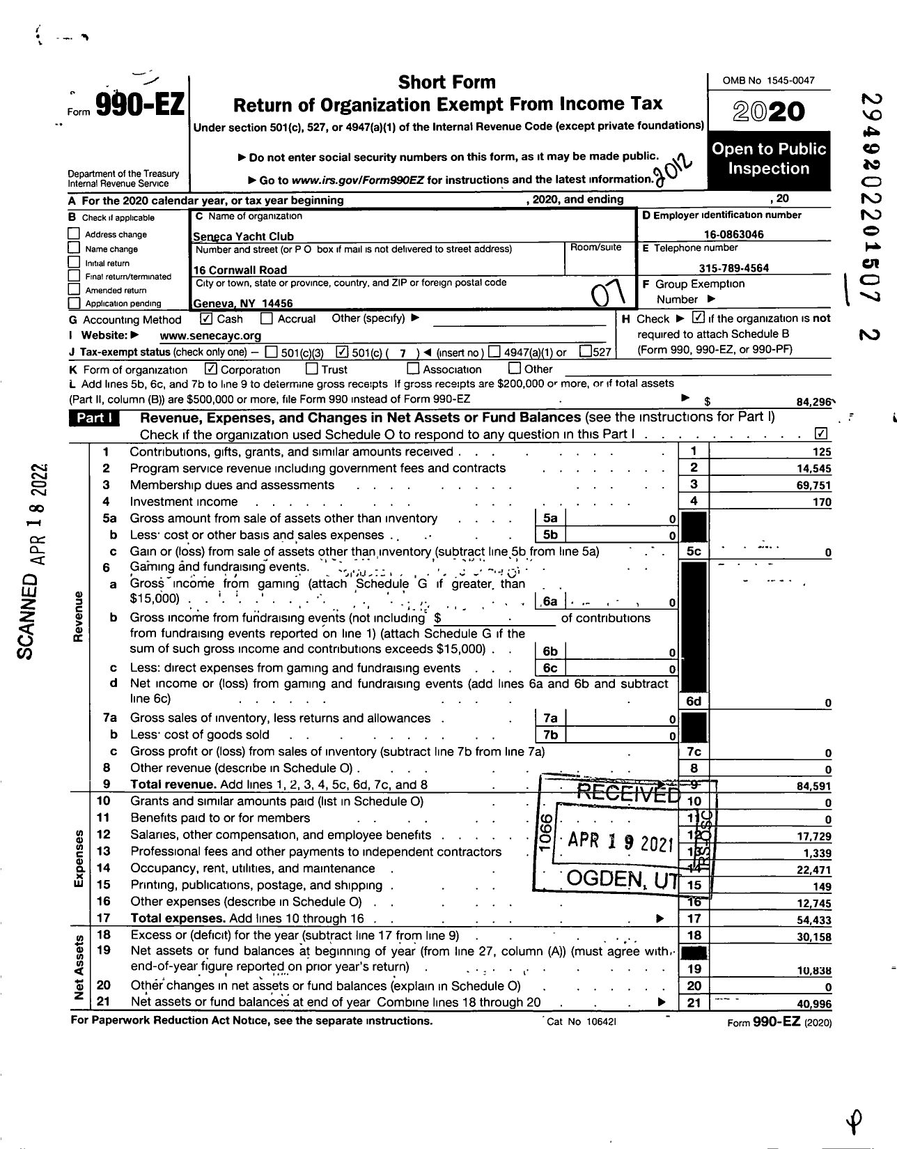 Image of first page of 2020 Form 990EO for Seneca Yacht Club