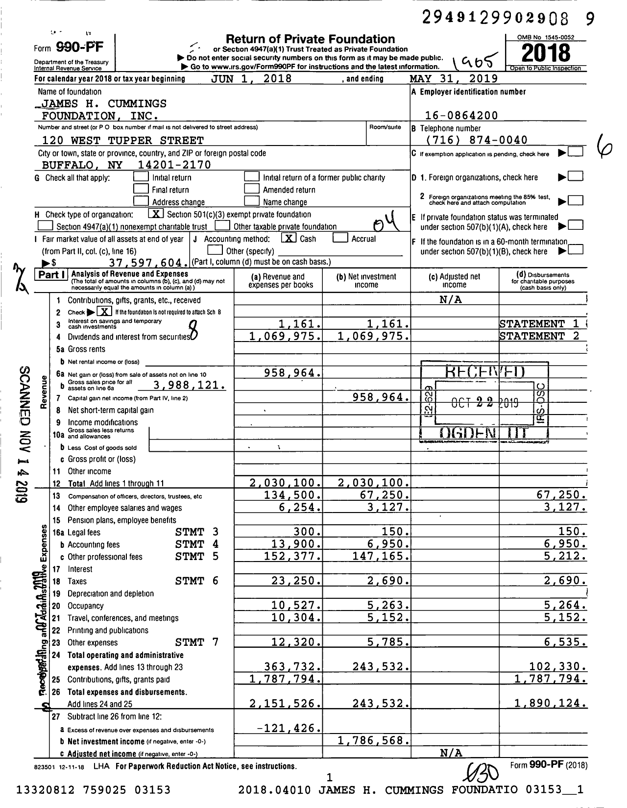 Image of first page of 2018 Form 990PF for James H Cummings Foundation