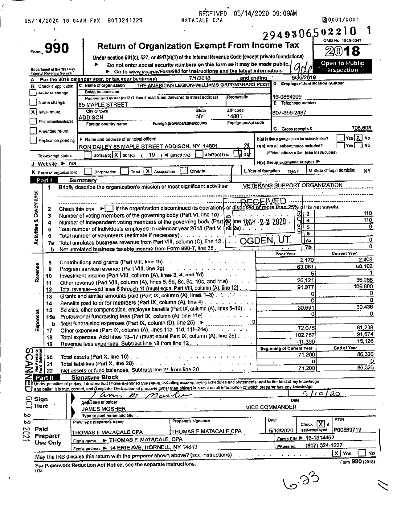 Image of first page of 2018 Form 990O for American Legion Post 730 Williams Greengrass
