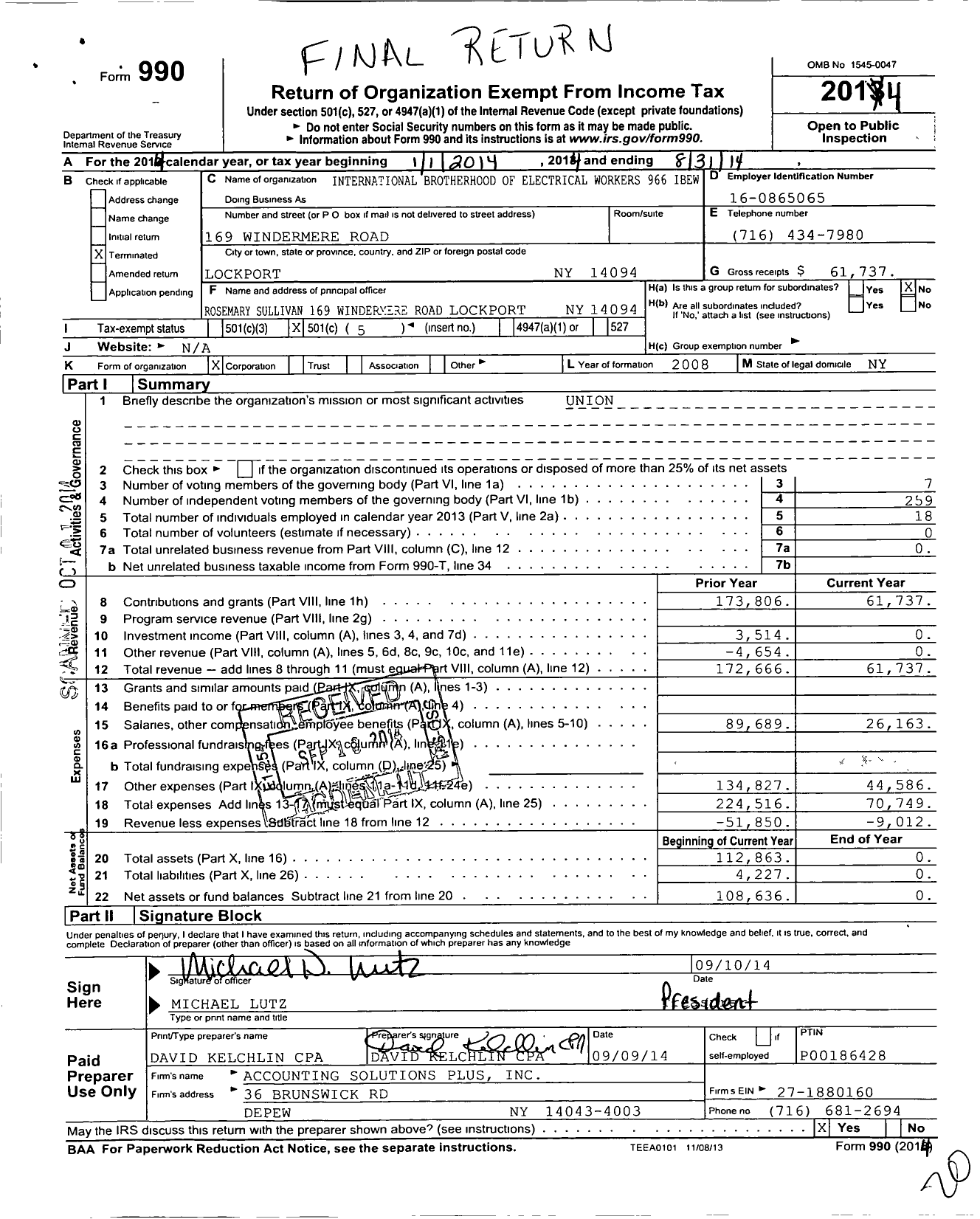 Image of first page of 2013 Form 990O for International Brotherhood of Electrical Workers 966 (IBEW)