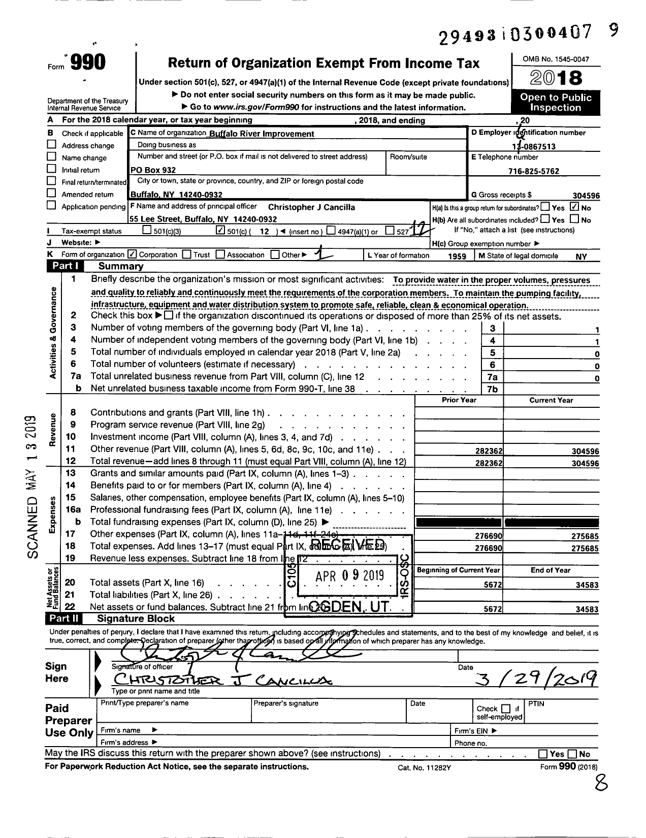 Image of first page of 2018 Form 990O for Buffalo River Improvement