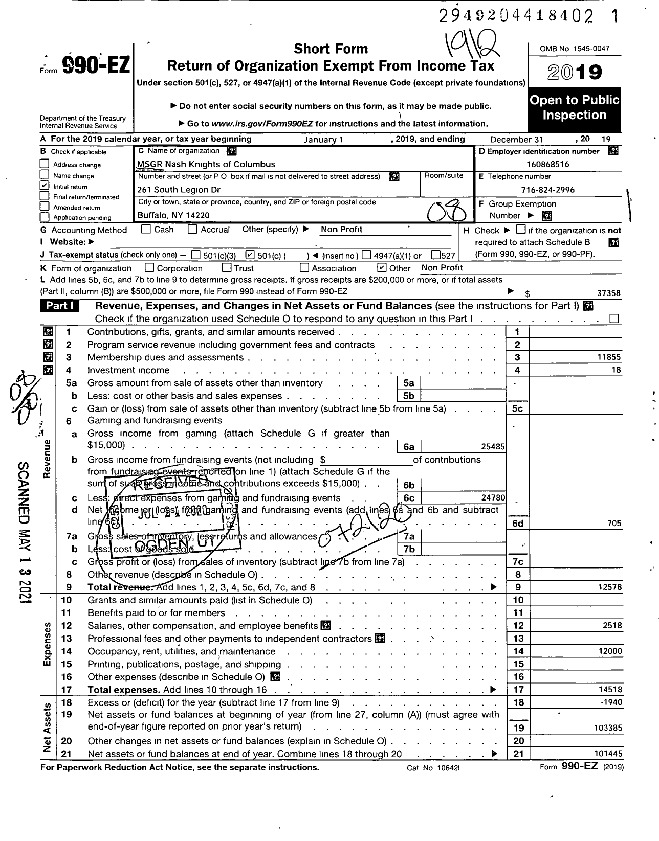 Image of first page of 2019 Form 990EO for Knights of Columbus - 3875 MSGR Nash Council