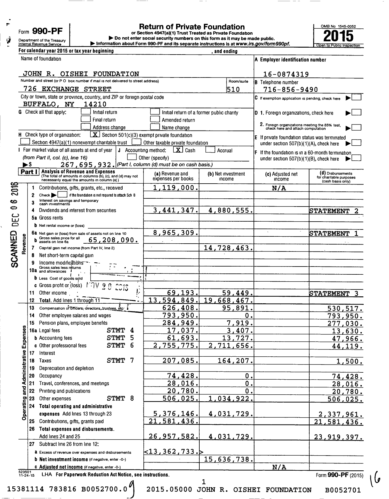 Image of first page of 2015 Form 990PF for John R Oishei Foundation