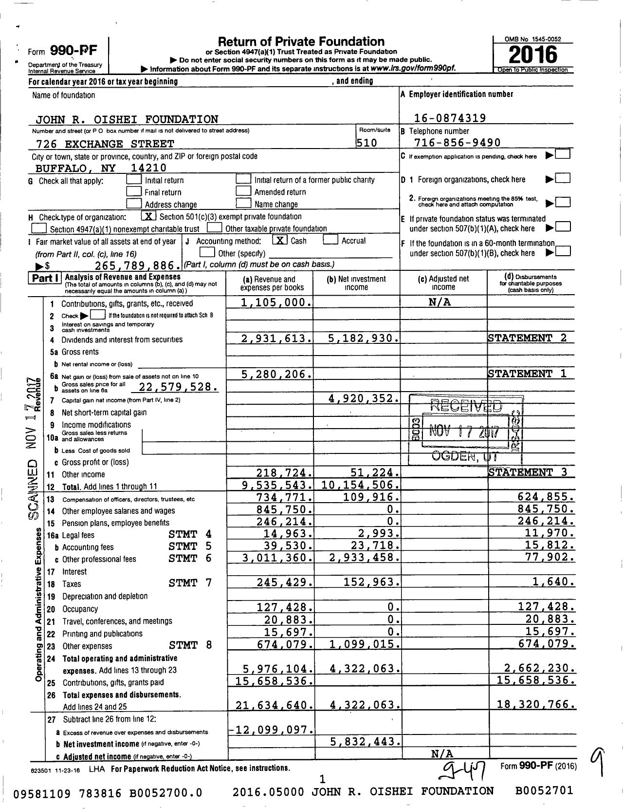 Image of first page of 2016 Form 990PF for John R Oishei Foundation