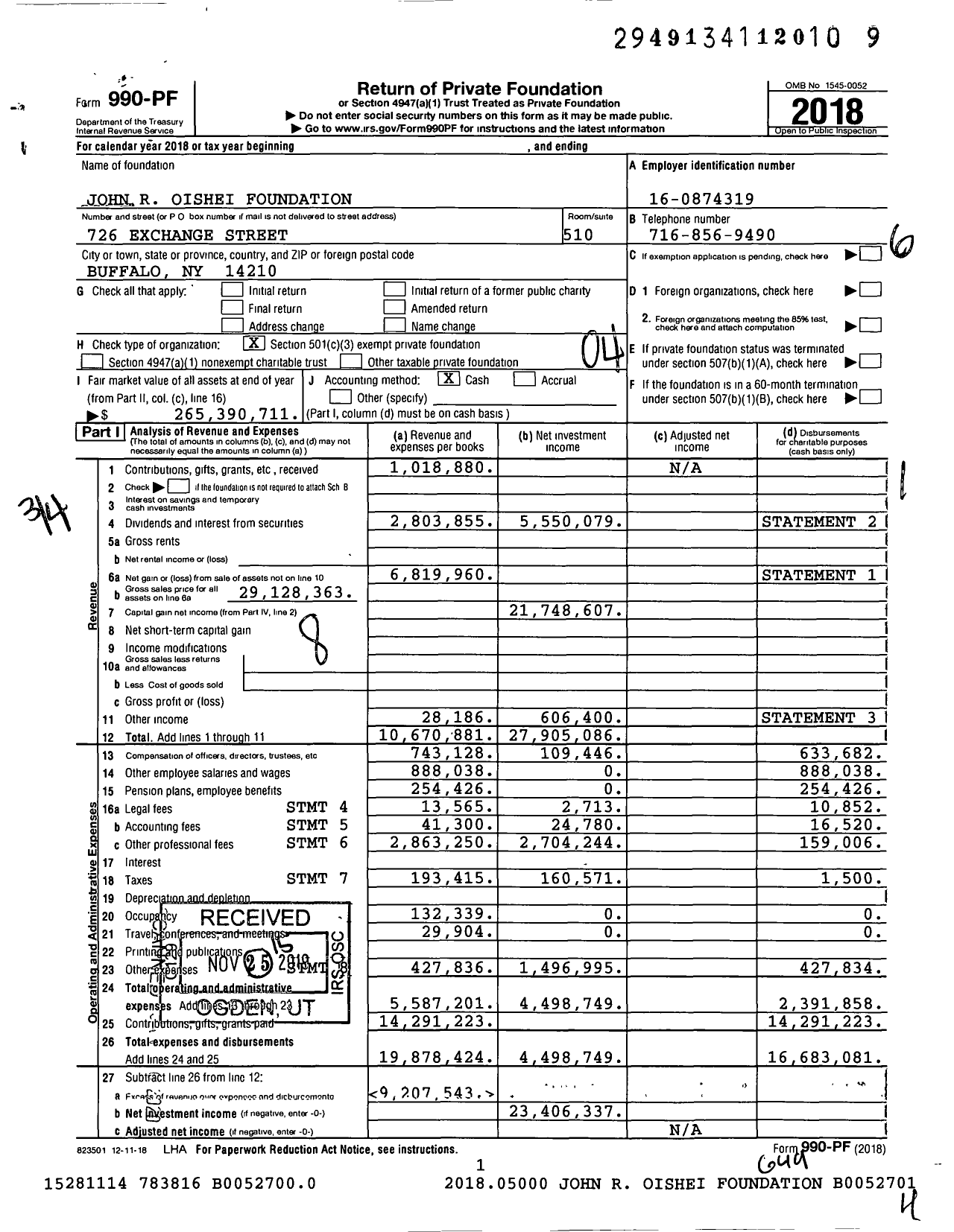 Image of first page of 2018 Form 990PF for John R Oishei Foundation