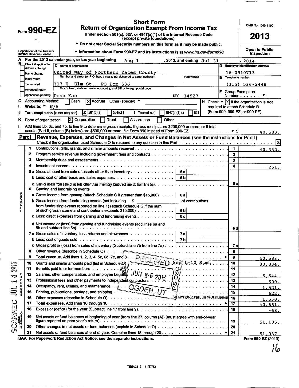 Image of first page of 2013 Form 990EZ for United Way of Northern Yates County