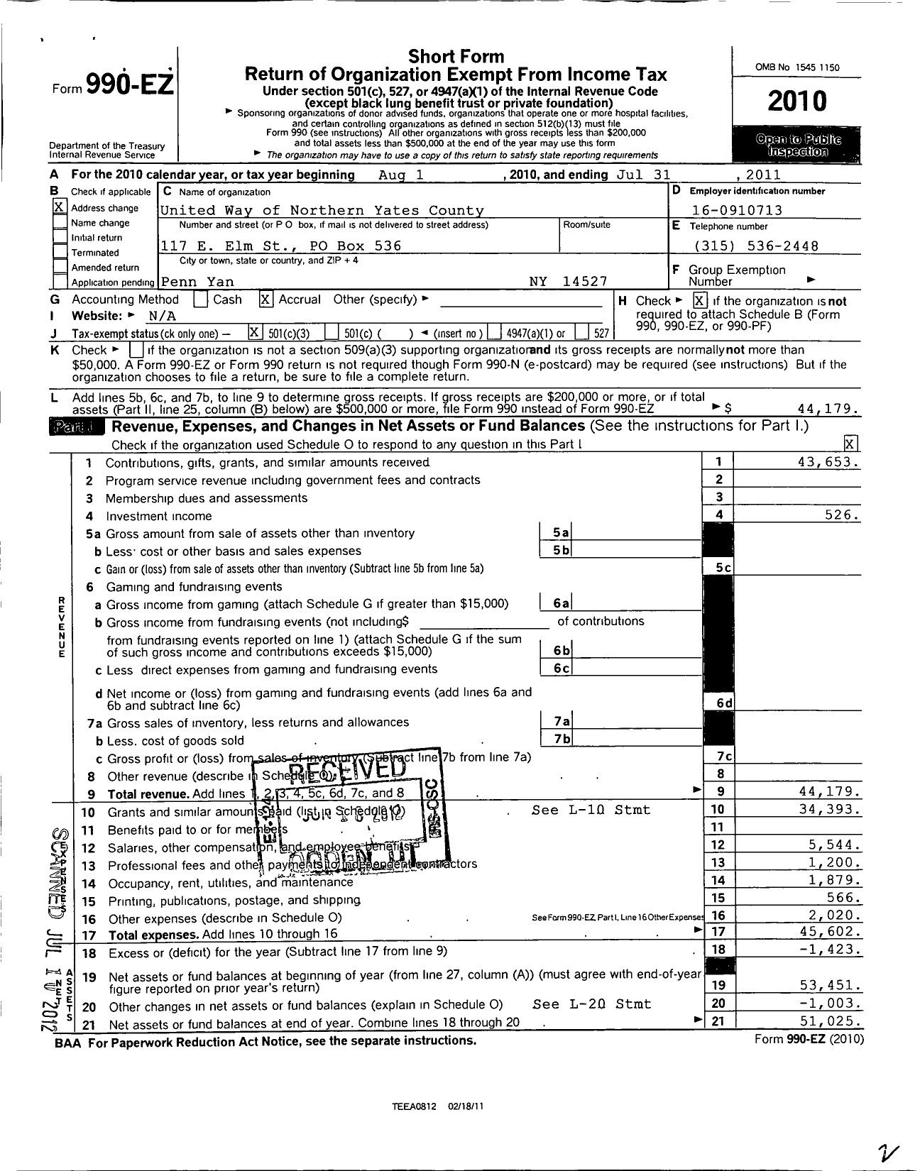 Image of first page of 2010 Form 990EZ for United Way of Northern Yates County