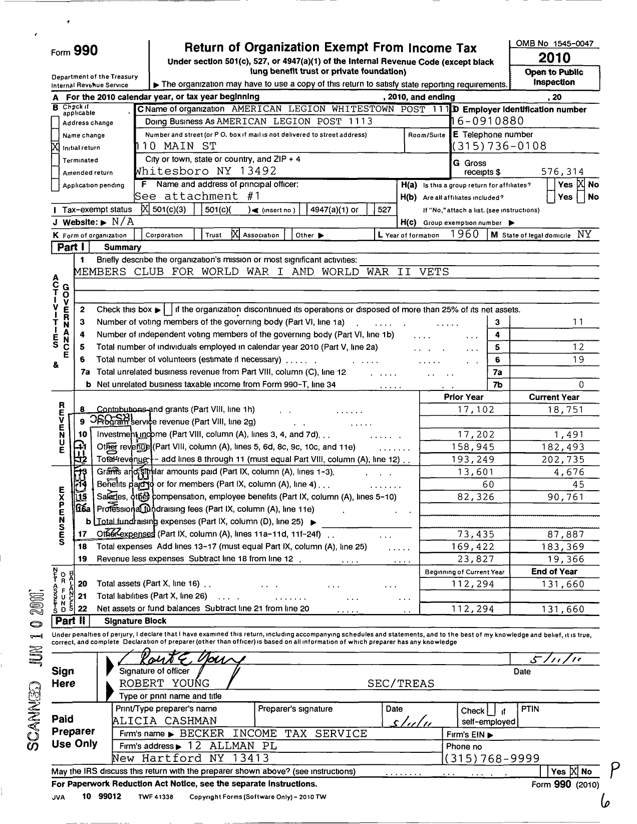 Image of first page of 2010 Form 990 for American Legion Whitestown Post 1113