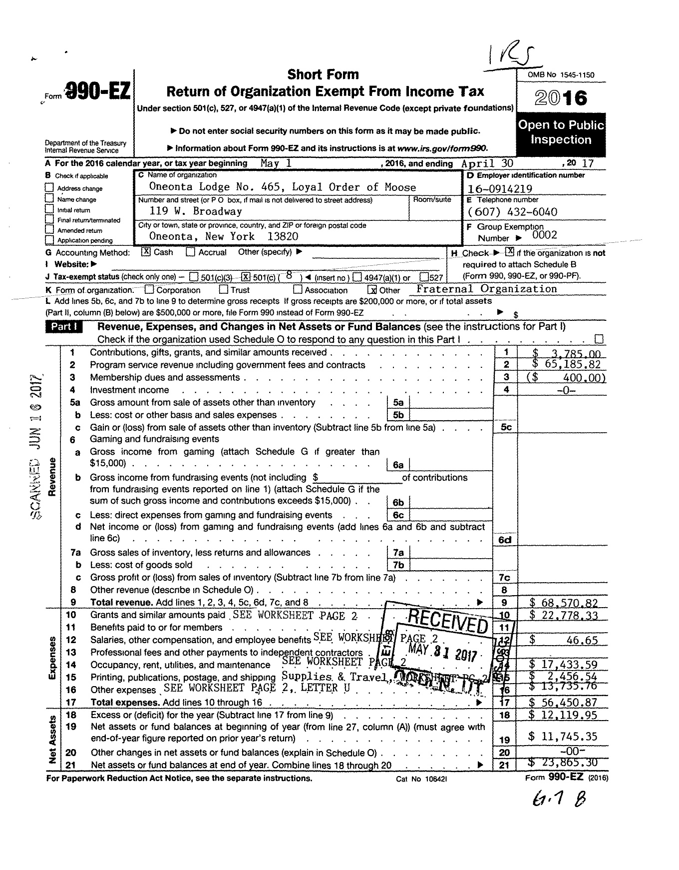 Image of first page of 2016 Form 990EO for Loyal Order of Moose - 465