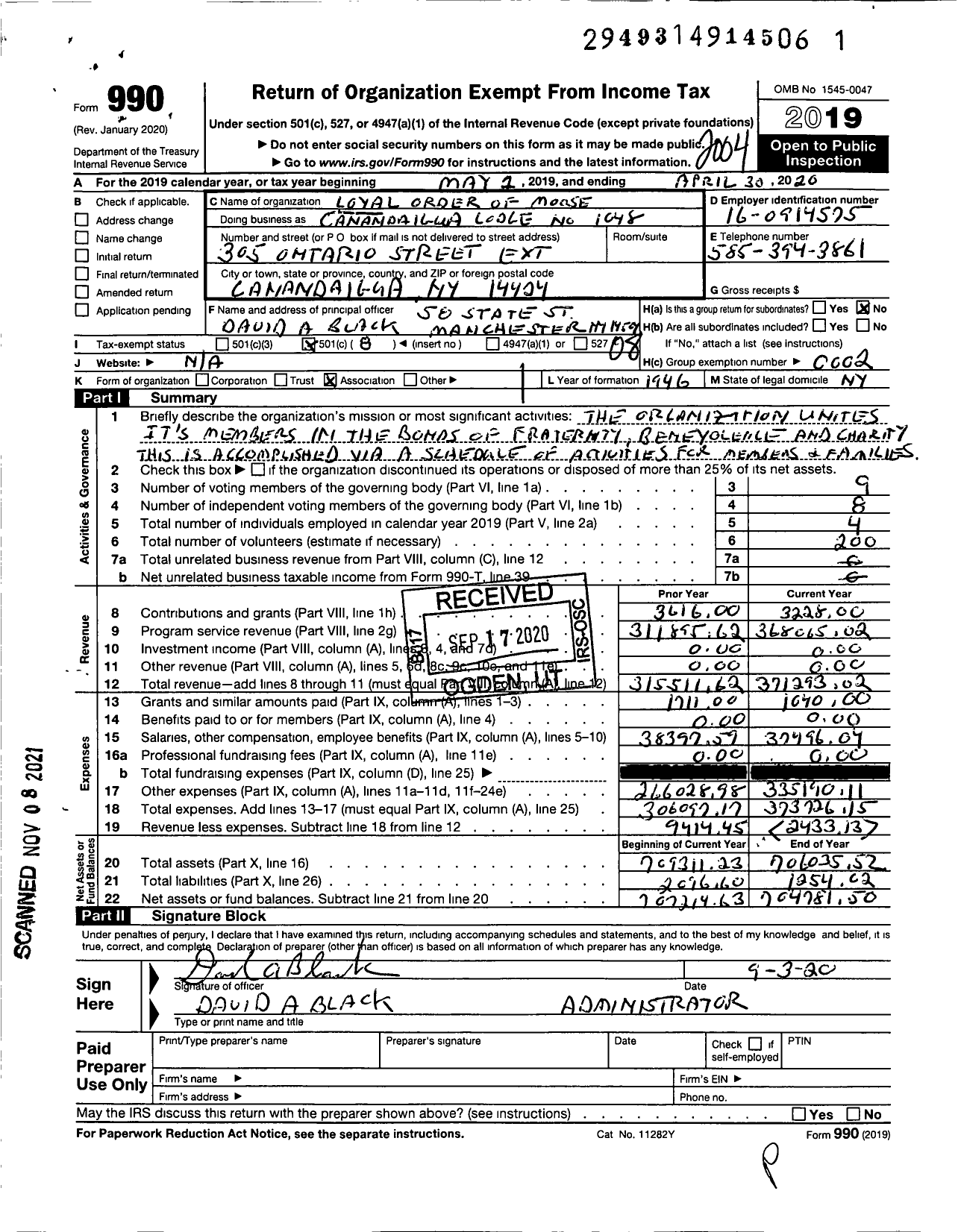 Image of first page of 2019 Form 990O for Loyal Order of Moose - 1048