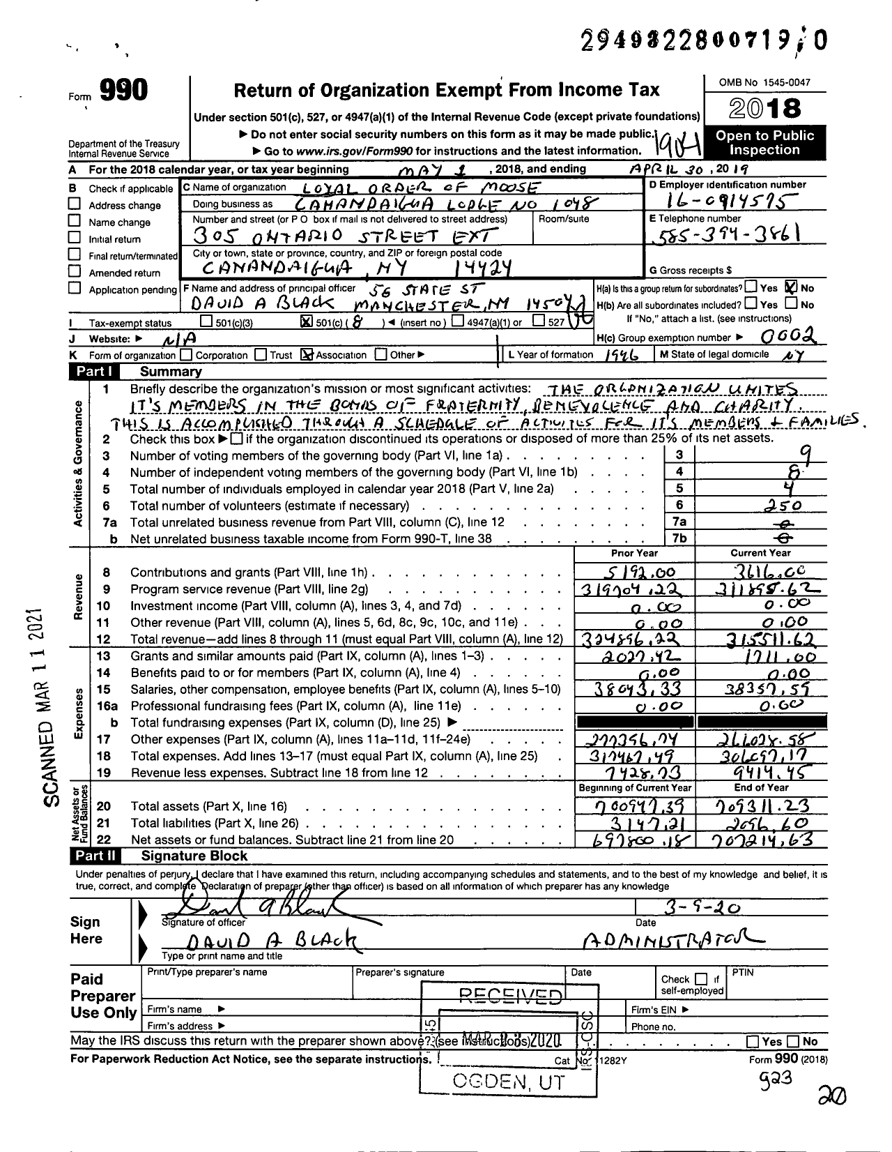 Image of first page of 2018 Form 990O for Loyal Order of Moose - 1048