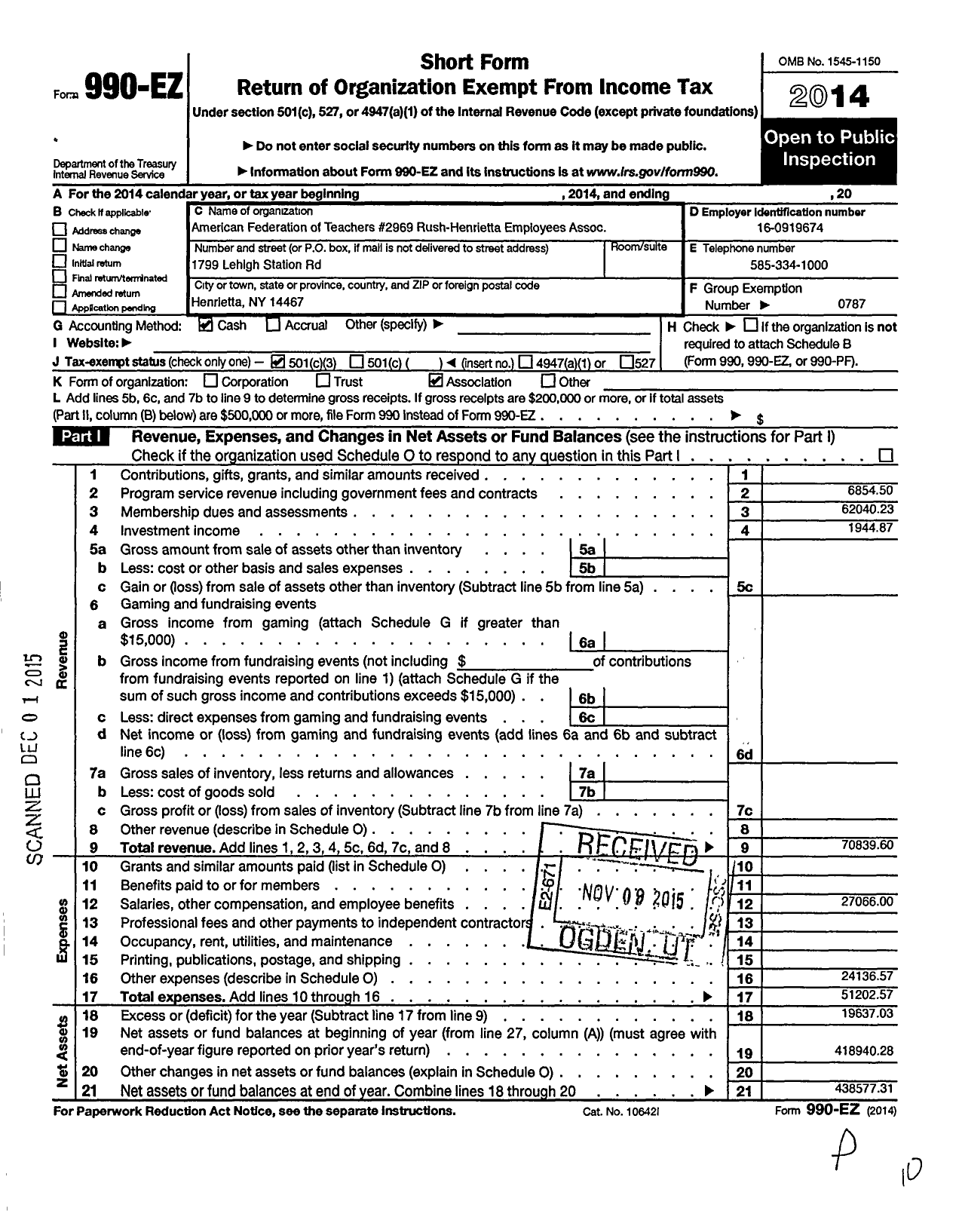 Image of first page of 2014 Form 990EZ for American Federation of Teachers - 2969 Rush Henrietta Educators Assn