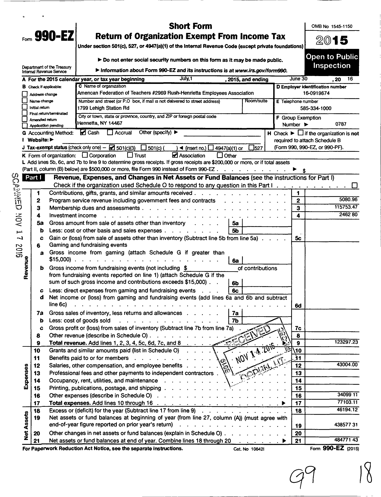 Image of first page of 2015 Form 990EZ for American Federation of Teachers - 2969 Rush Henrietta Educators Assn