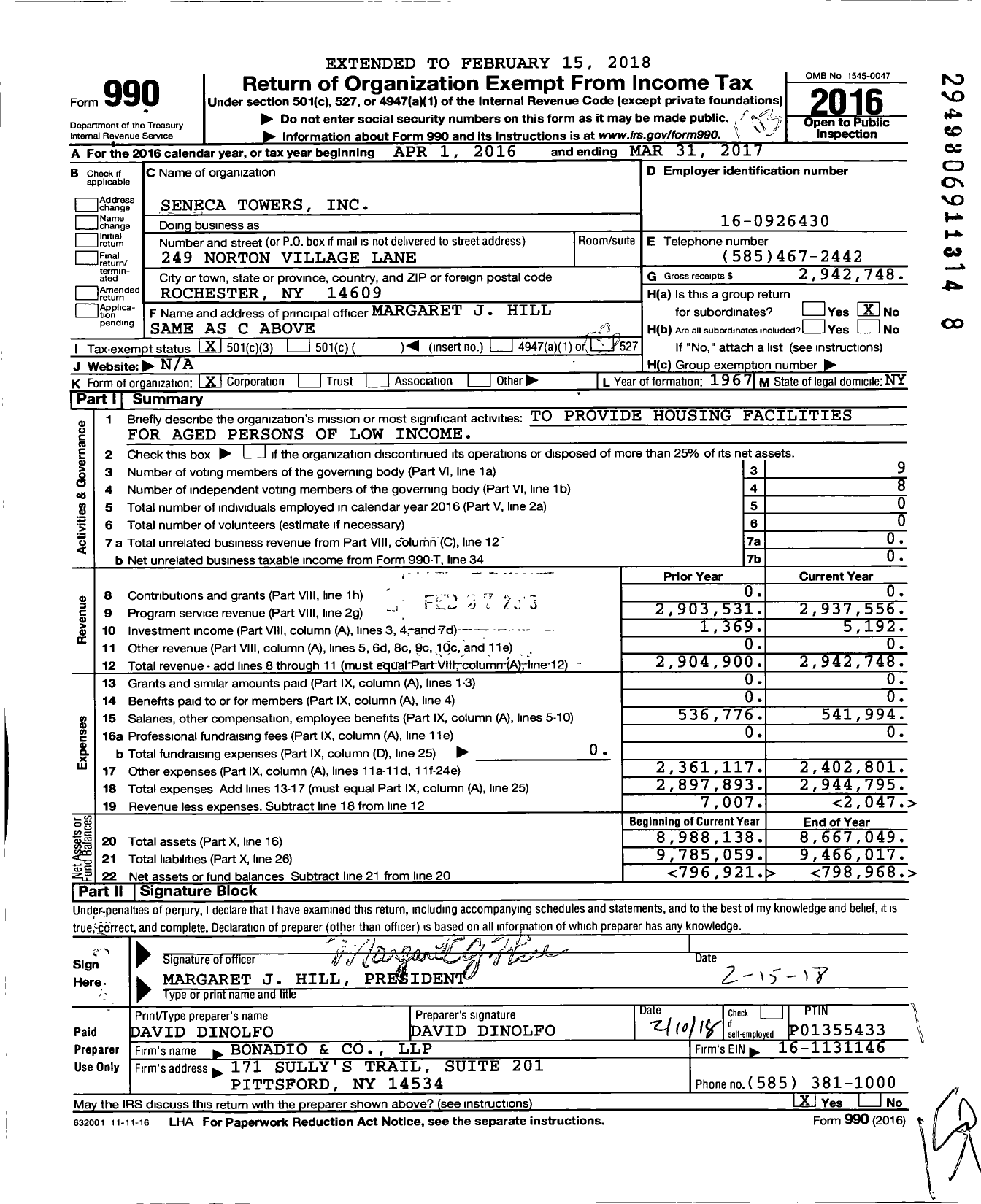 Image of first page of 2016 Form 990 for Seneca Towers