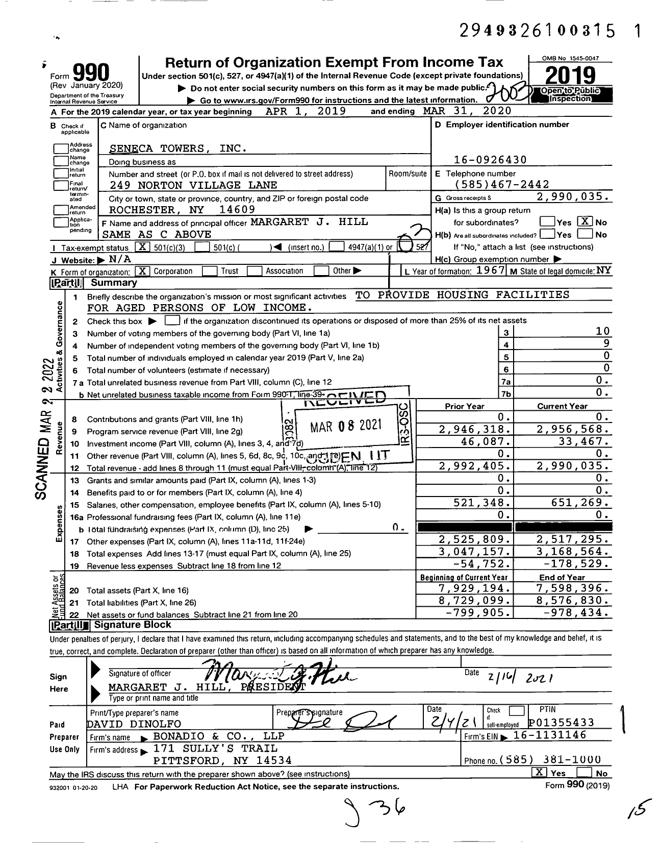 Image of first page of 2019 Form 990 for Seneca Towers