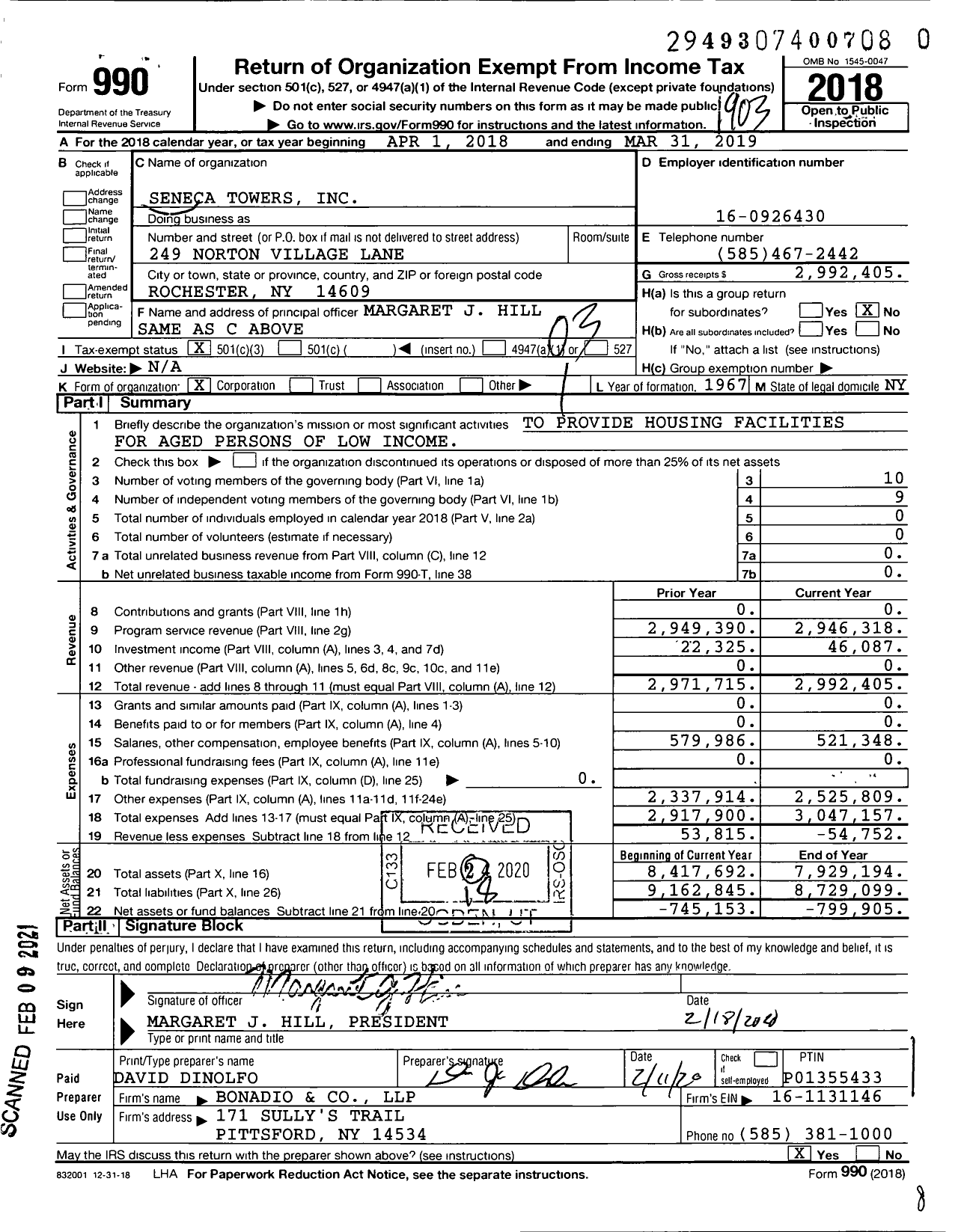 Image of first page of 2018 Form 990 for Seneca Towers
