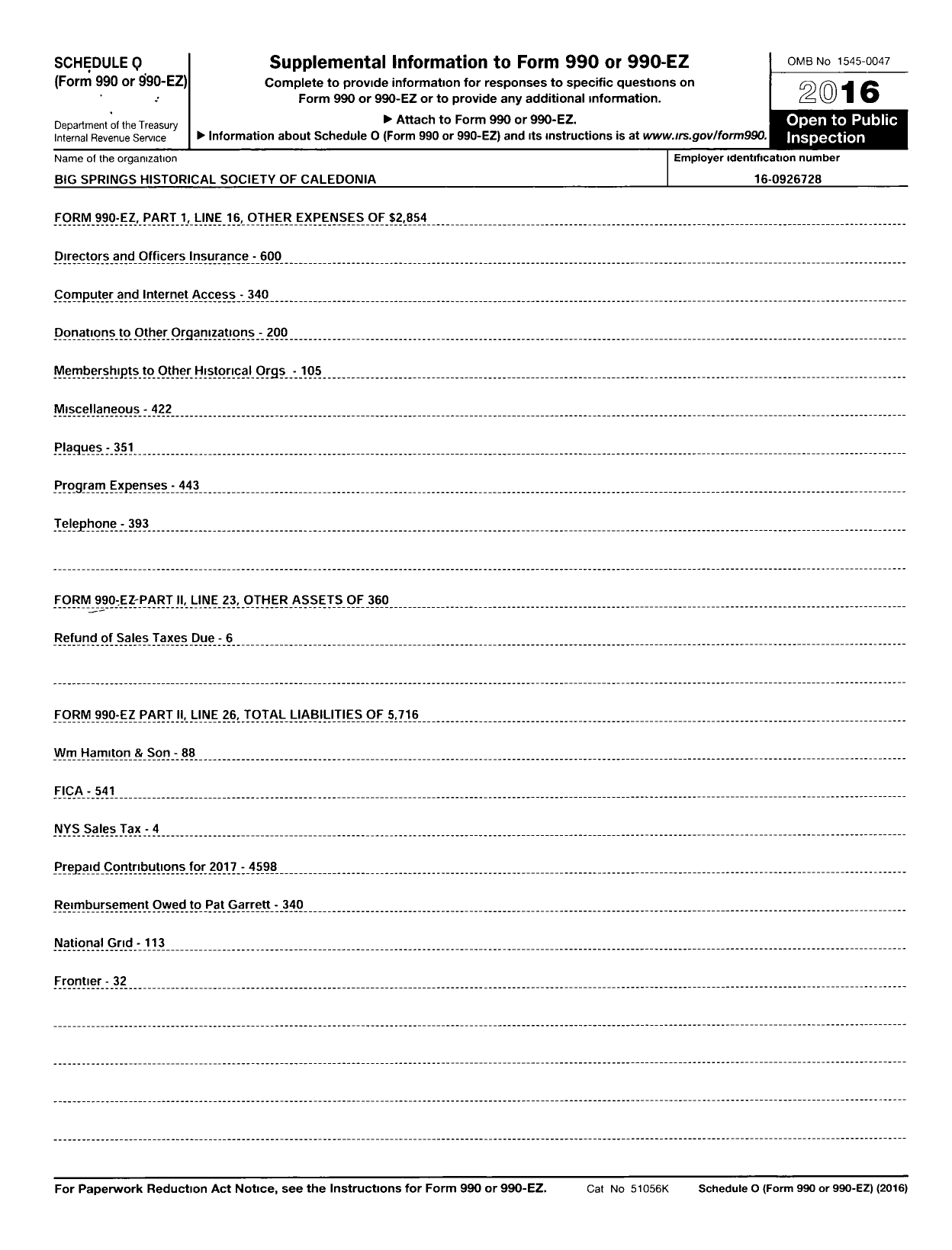 Image of first page of 2016 Form 990ER for Big Springs Historical Society of Caledonia