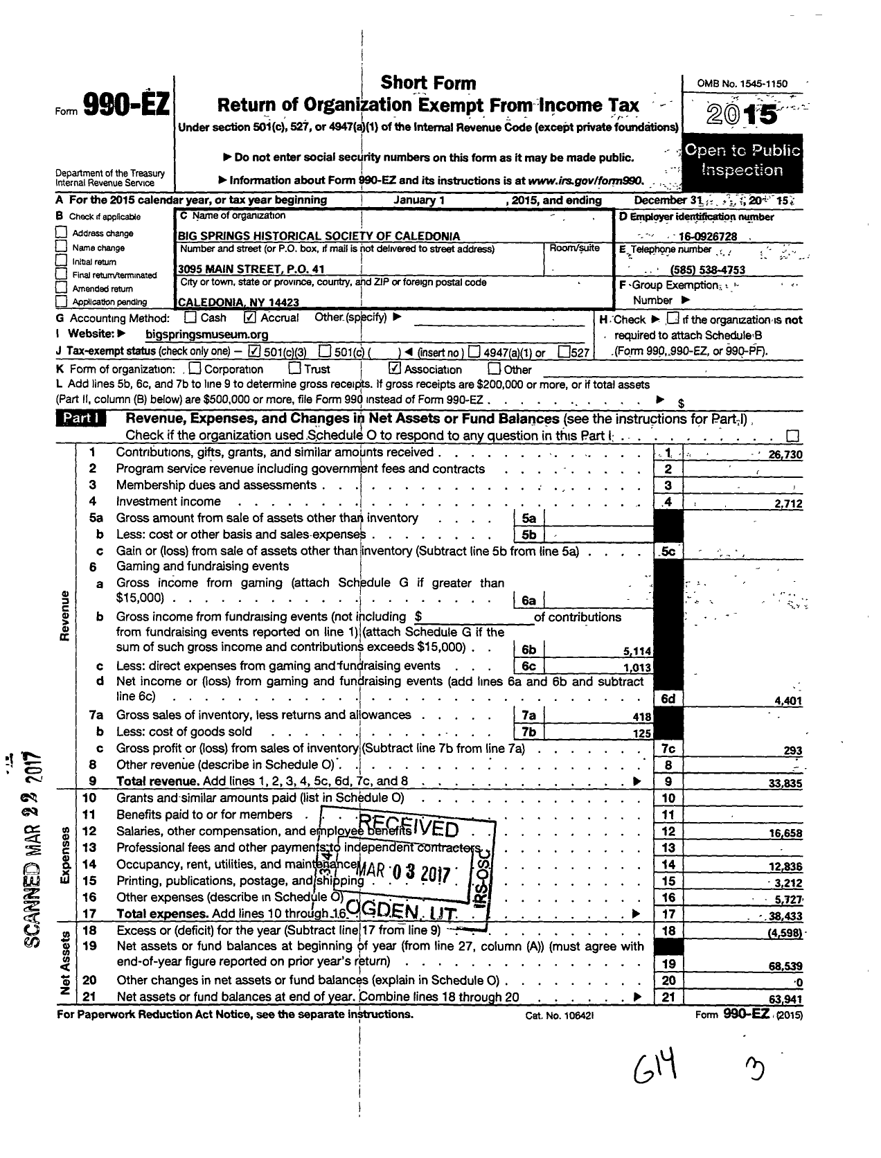 Image of first page of 2015 Form 990EZ for Big Springs Historical Society of Caledonia