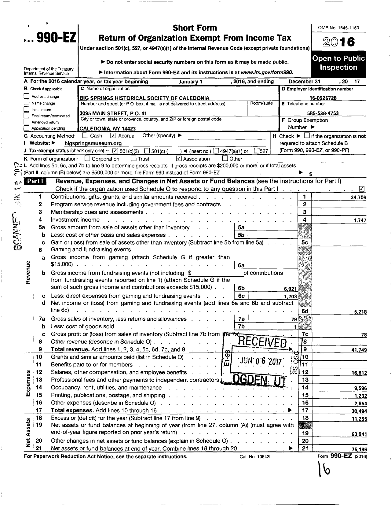 Image of first page of 2017 Form 990EZ for Big Springs Historical Society of Caledonia