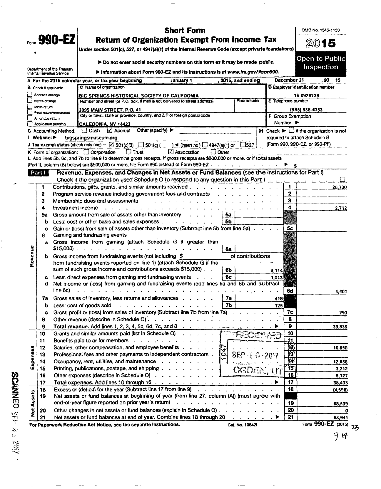 Image of first page of 2015 Form 990EZ for Big Springs Historical Society of Caledonia