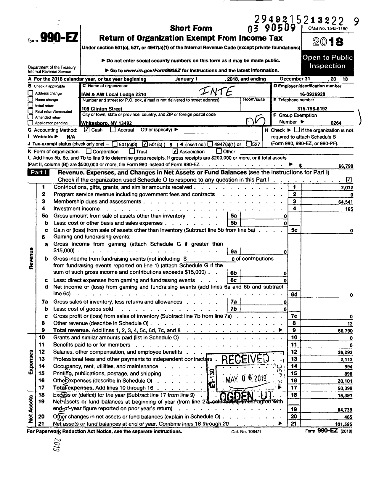 Image of first page of 2018 Form 990EO for International Association of Machinists and Aerospace Workers - 2310 Iam