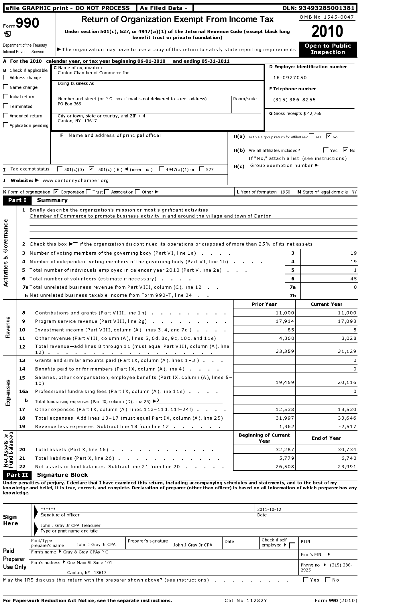 Image of first page of 2010 Form 990O for Canton Chamber of Commerce