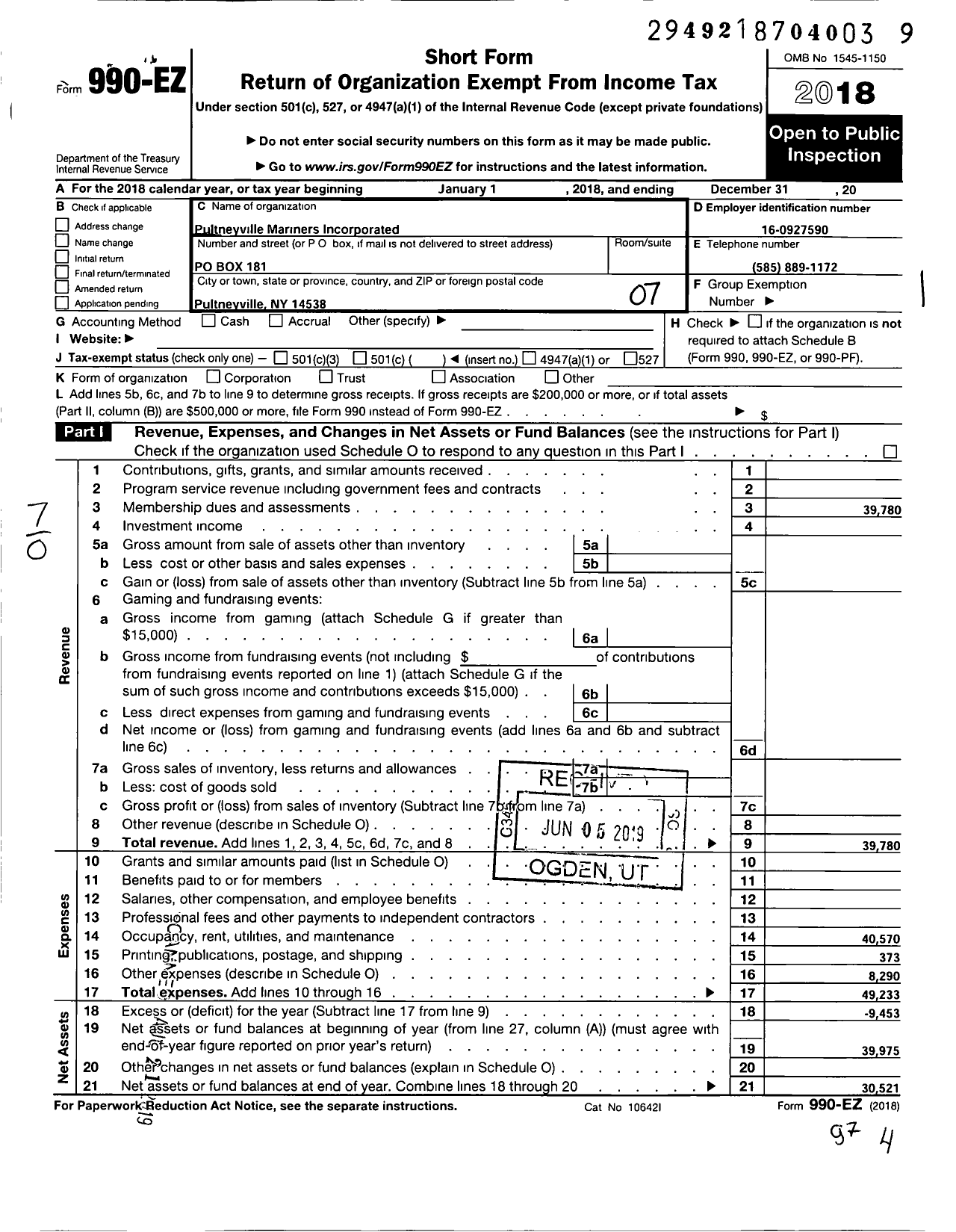 Image of first page of 2018 Form 990EO for Pultneyville Mariners