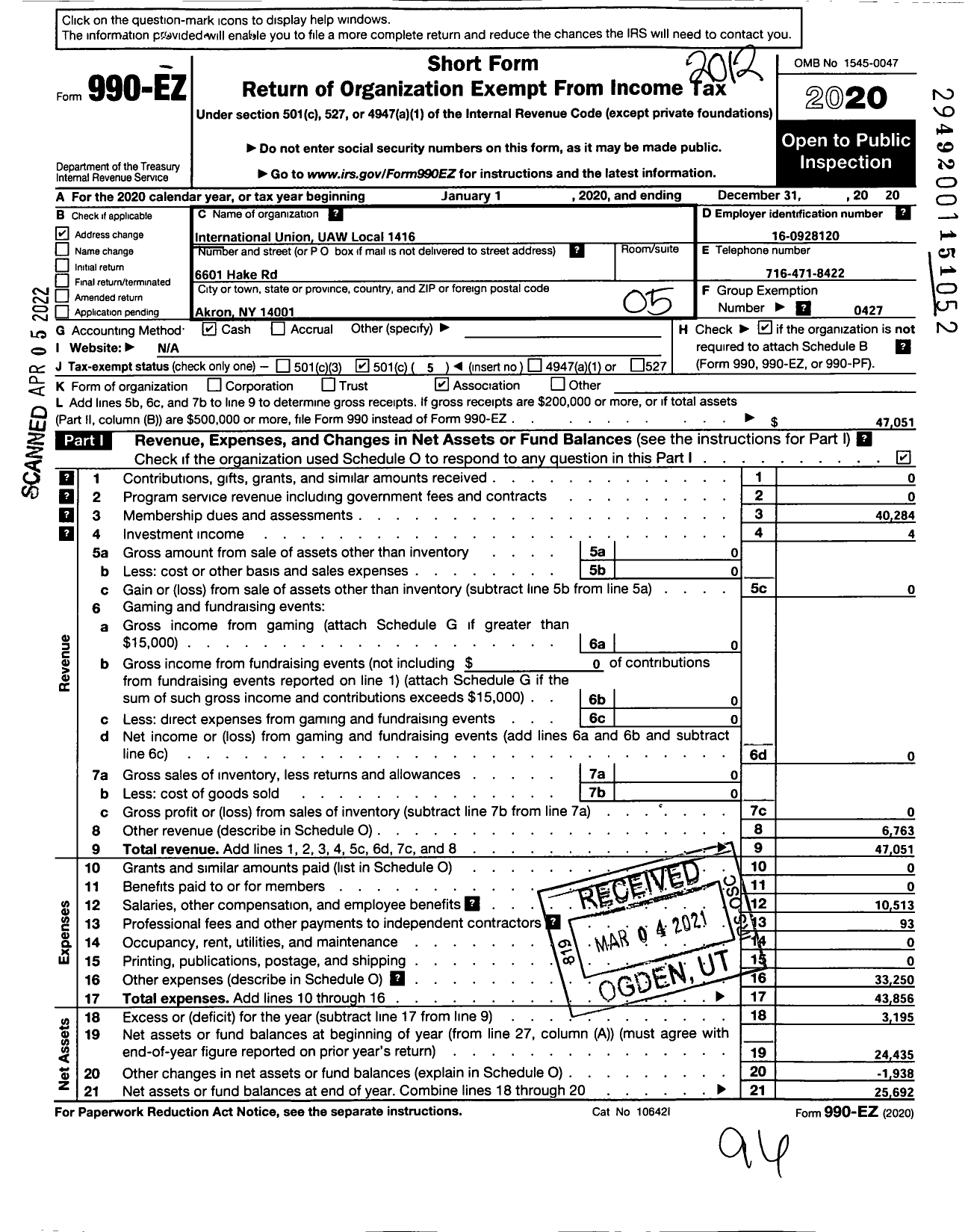 Image of first page of 2020 Form 990EO for Uaw - International Union United Auto Aerospace and Agricultural Workers